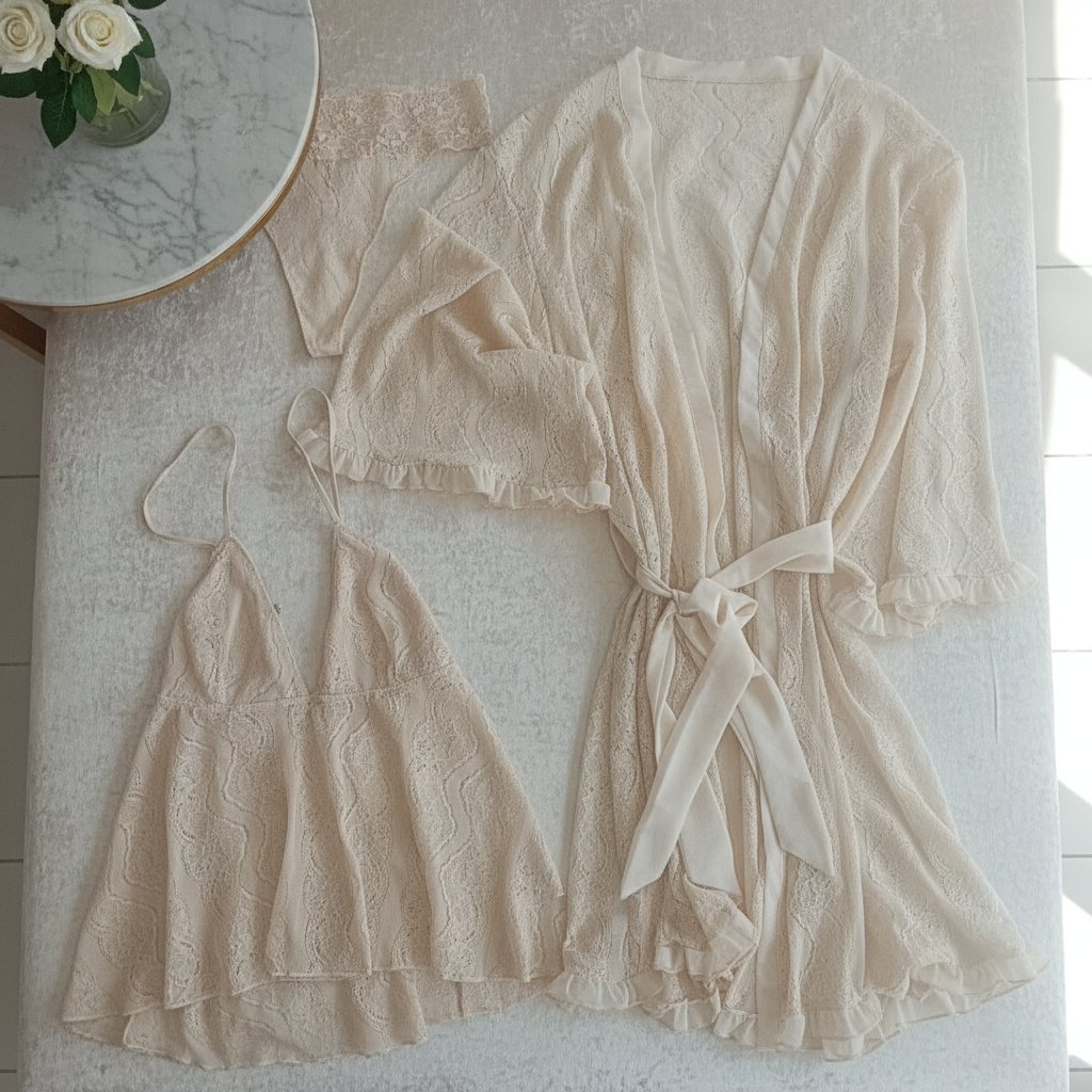 Kadın Çeyizlik Ve Bohçalık Tül Transparan Ekru Renk Babydoll, String ve Sabahlık 3 lü Paket BB2686