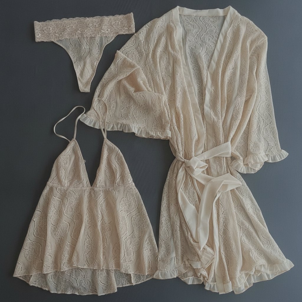 Kadın Çeyizlik Ve Bohçalık Tül Transparan Ekru Renk Babydoll, String ve Sabahlık 3 lü Paket BB2686