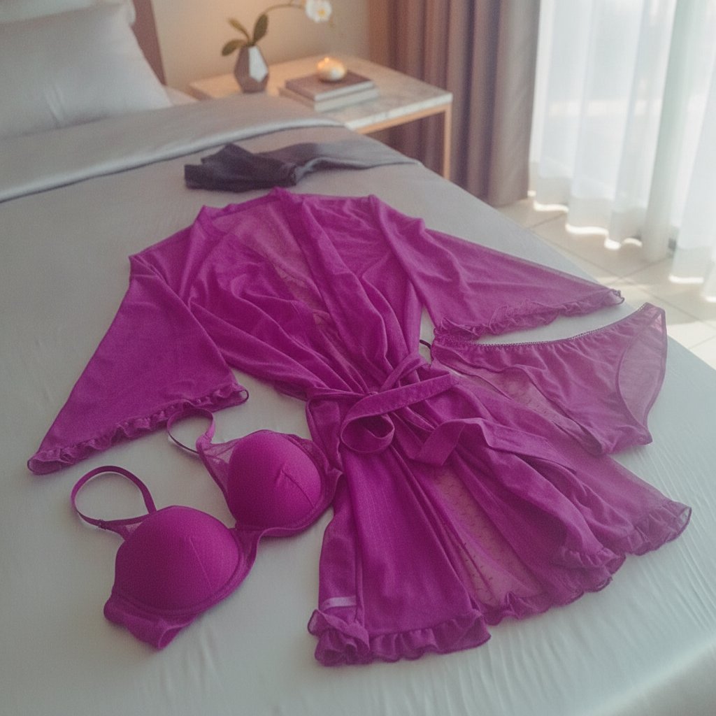Kadın Çeyizlik ve Bohçalık Tül Transparan Mor Renk Sütyen, Slip ve Sabahlık 3 lü Paket BB2685