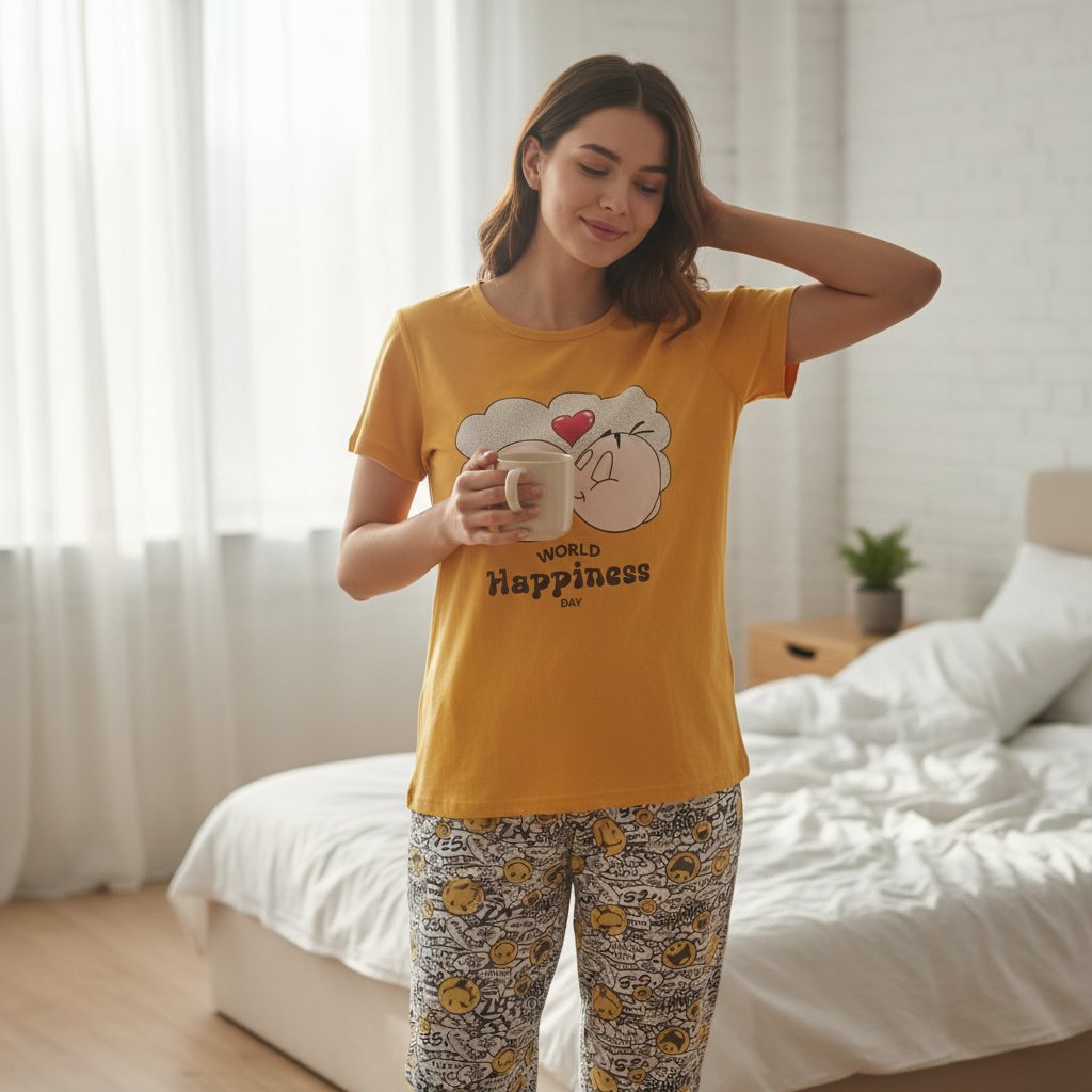 Kadın Giyim Kısa Kollu Baskılı Pijama Takımı BB2664