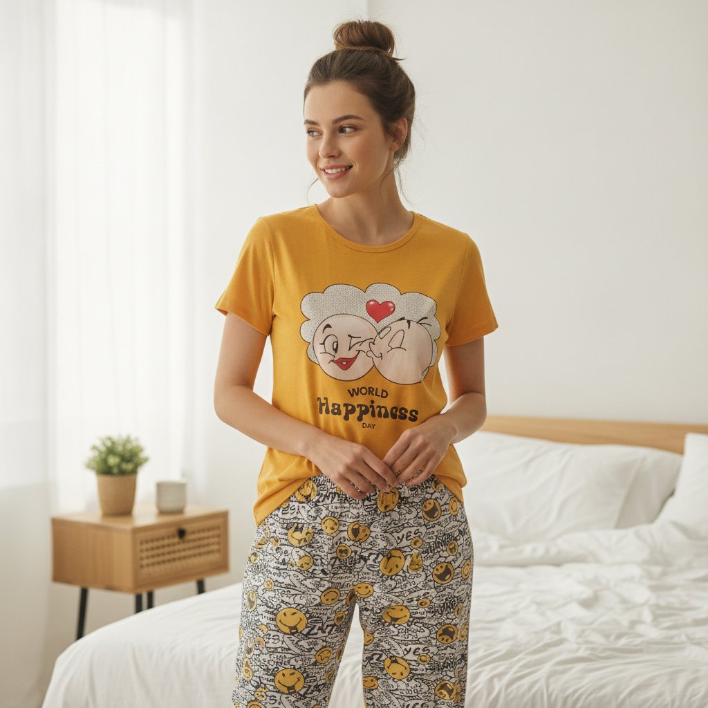 Kadın Giyim Kısa Kollu Baskılı Pijama Takımı BB2664