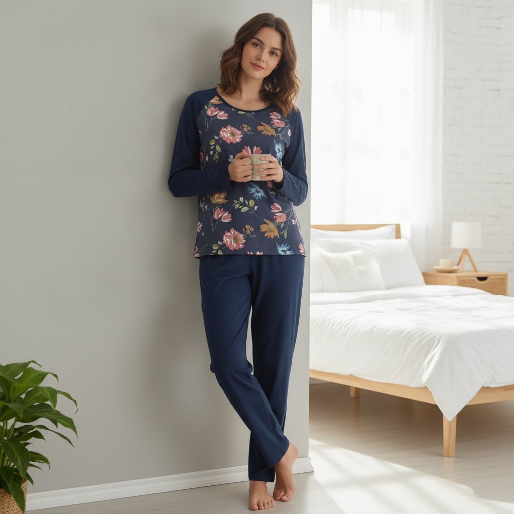 Kadın Giyim Lacivert Renk Önü Saten Kumaş Çiçek Baskılı Uzun Kollu Pijama Takımı BB2676