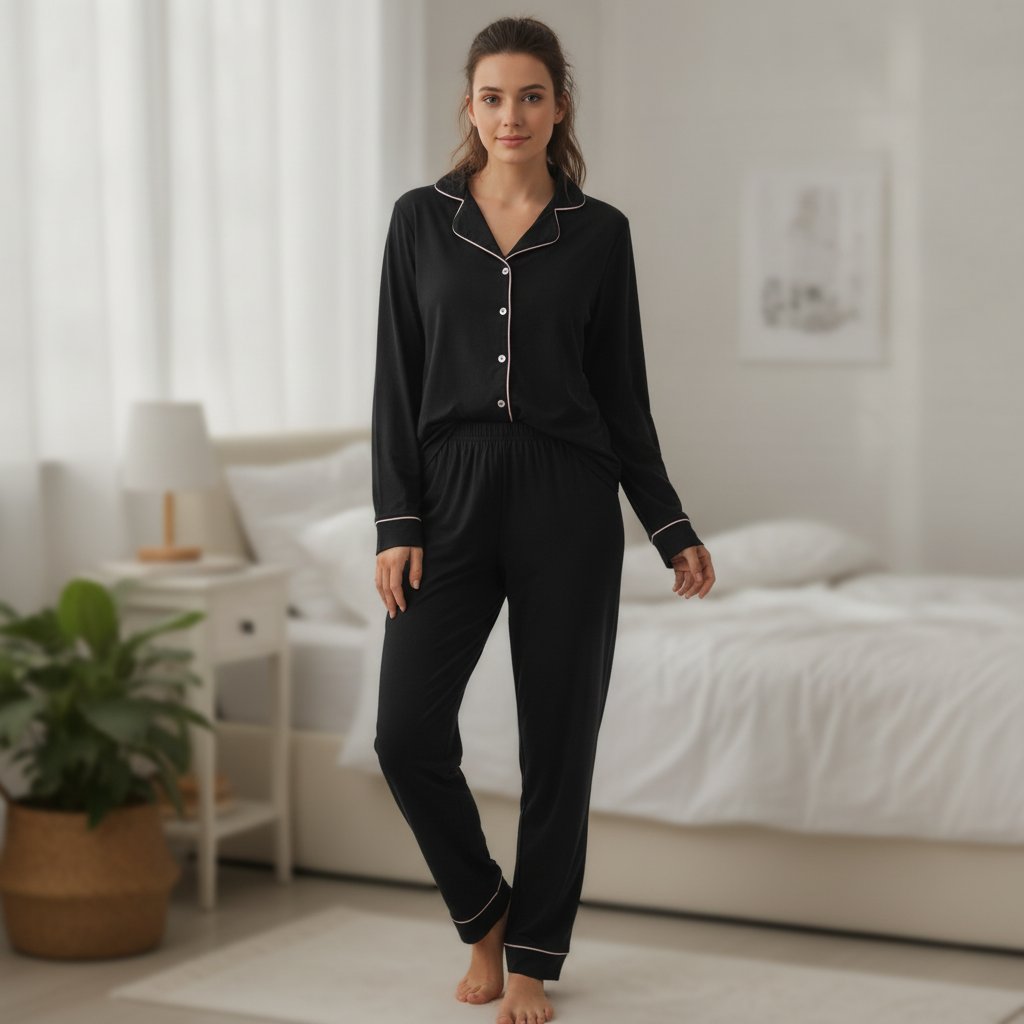 Kadın Giyim Likralı Kumaş Uzun Kollu Siyah Renk Pijama Takımı BB2669