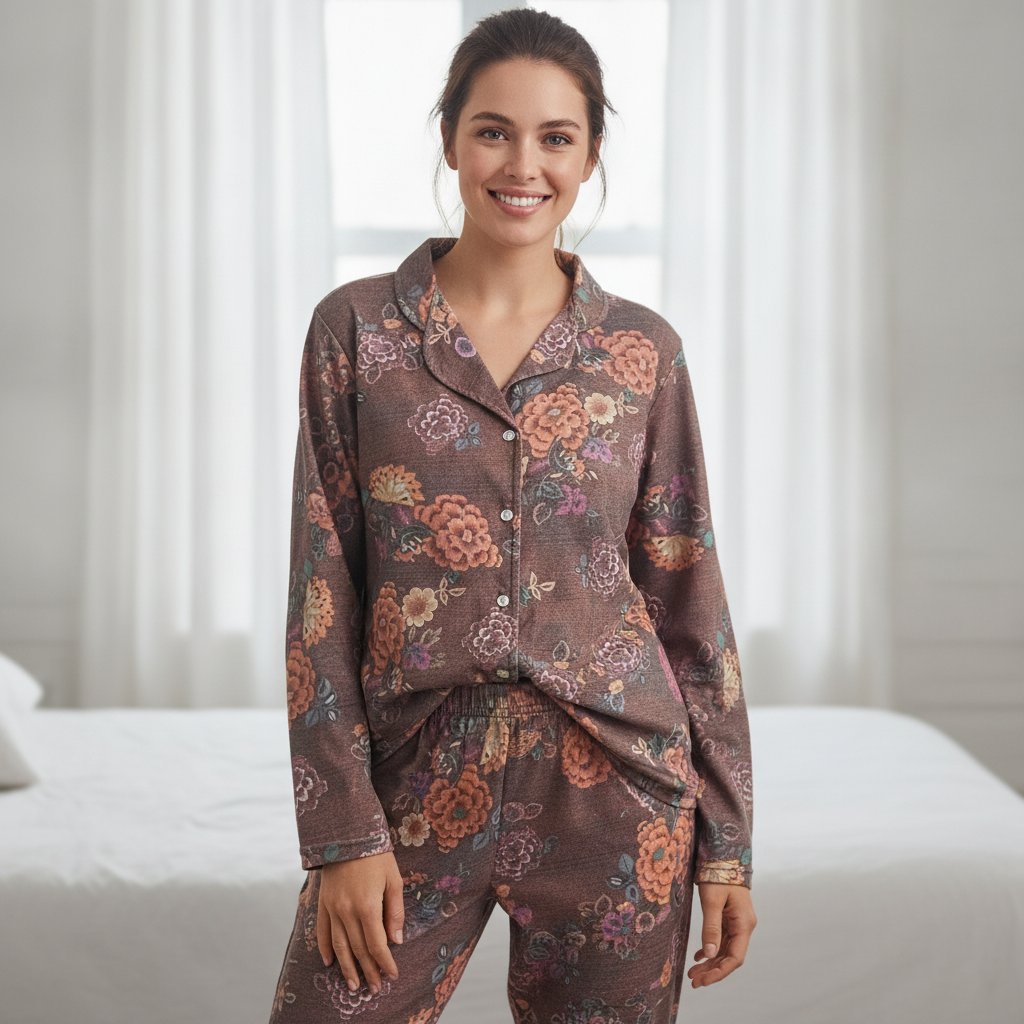 Kadın Giyim Önden Düğmeli Baskılı Pijama Takımı BB2671