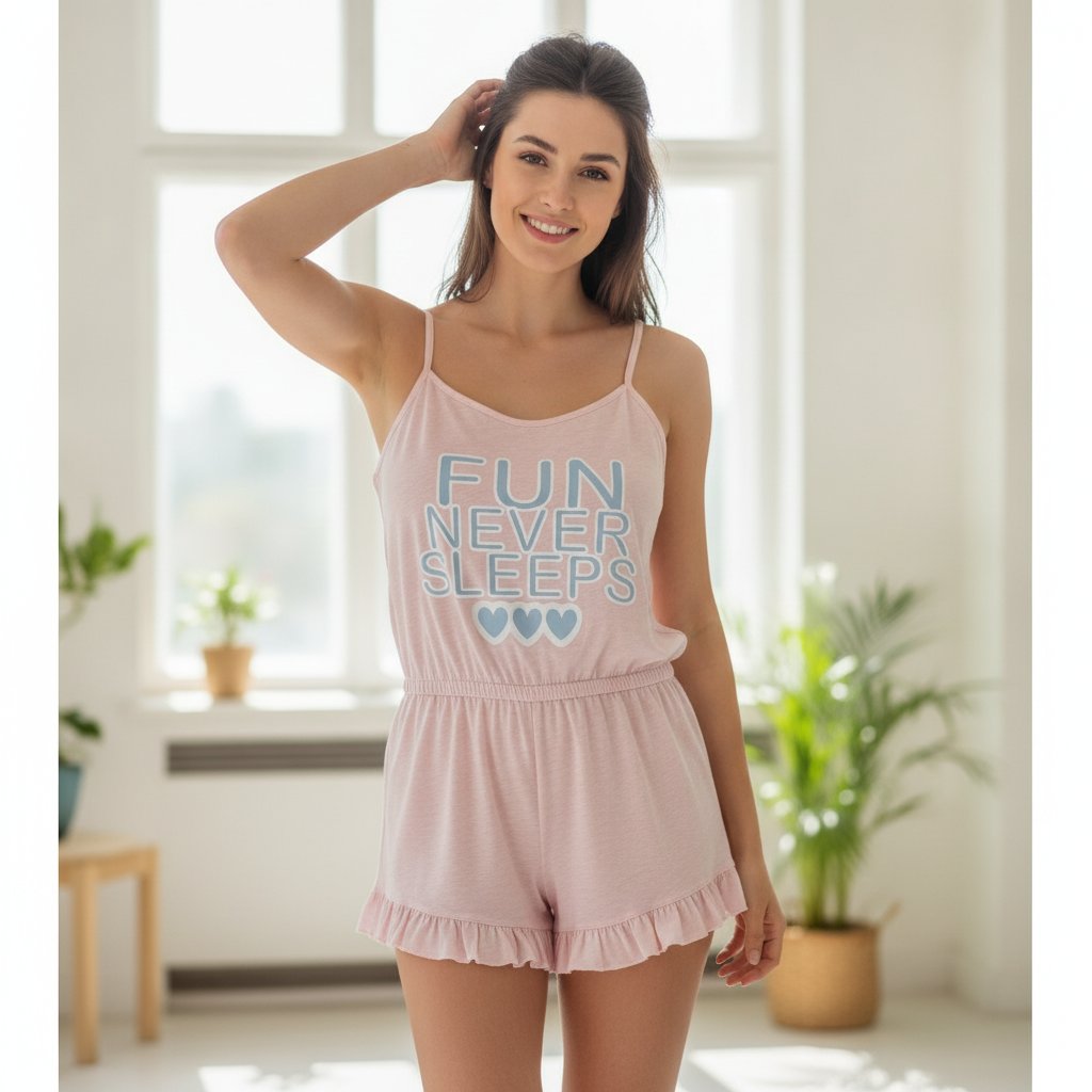 Kadın Giyim Pembe Renk Önü Baskılı İnce Askılı Penye Kumaş Şort Tulum BB2656