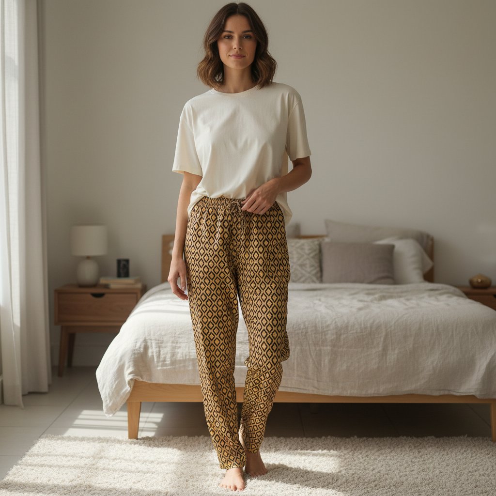 Kadın Likralı Sarı Mor Desenli Saten Pijama Altı BB2611