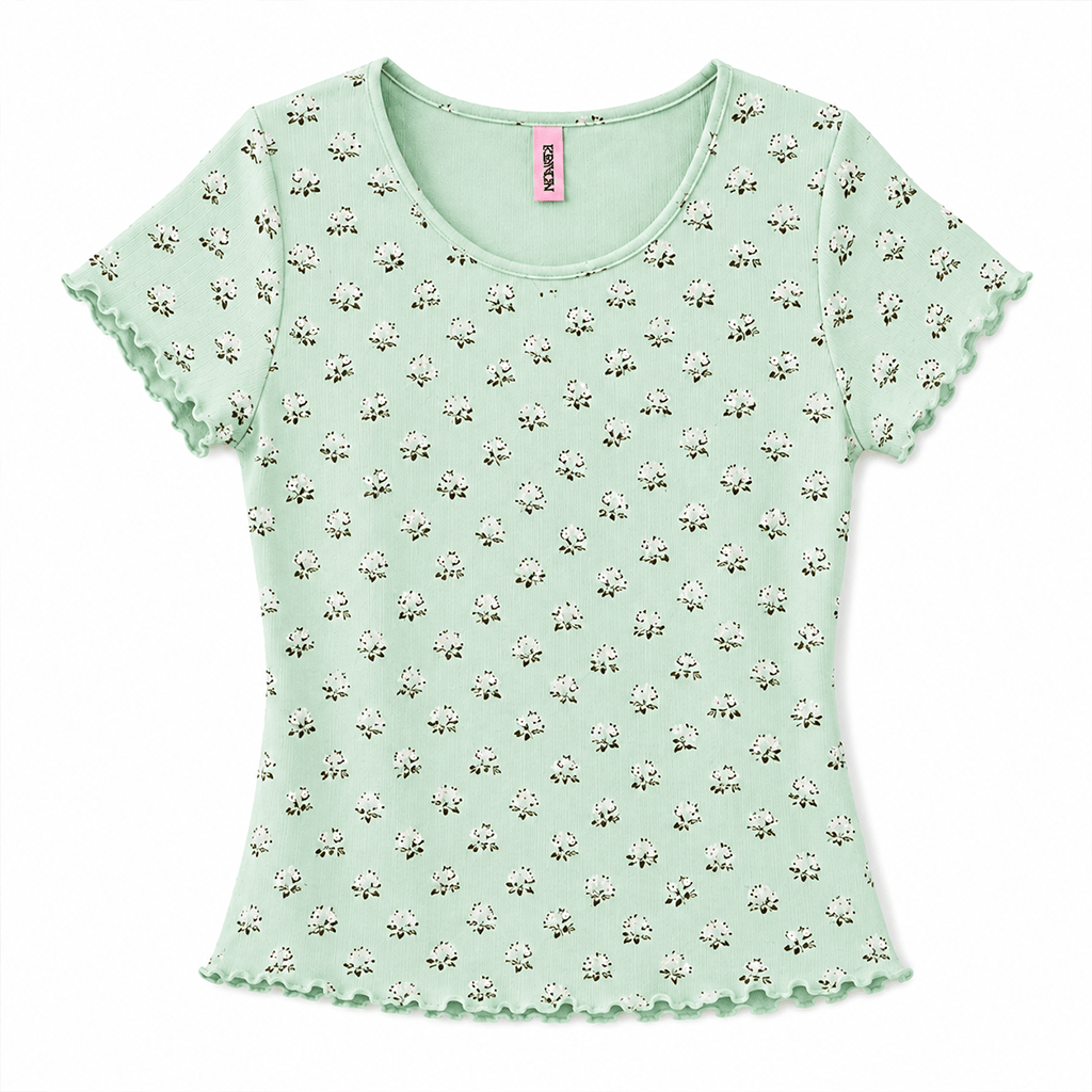 Kadın Pamuklu Bohçalık Çeyizlik Ve Hediyelik Pointel Çiçek Desenli Ribana Kumaş Kısa Kollu Tshirt BB2762