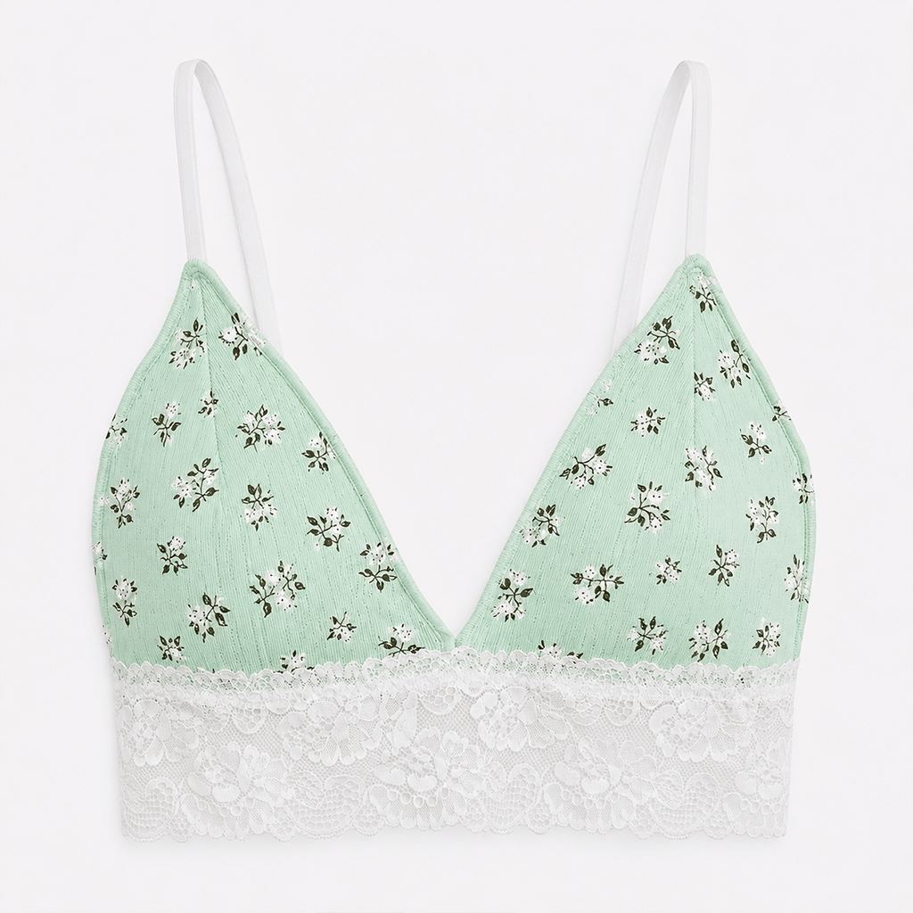 Kadın Pamuklu Bohçalık Çeyizlik Ve Hediyelik Pointel Çiçek Desenli Ribana Kumaş Dantel Detaylı Bralet BB2763