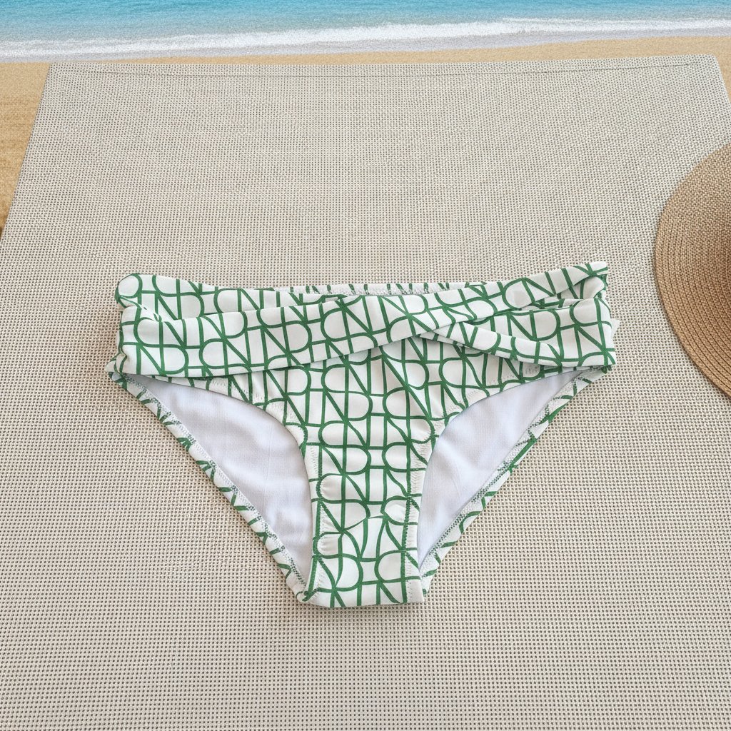 Kadın Plaj Giyim Ekru Yeşil Desenli Önü Çapraz Bikini Alt BB2554