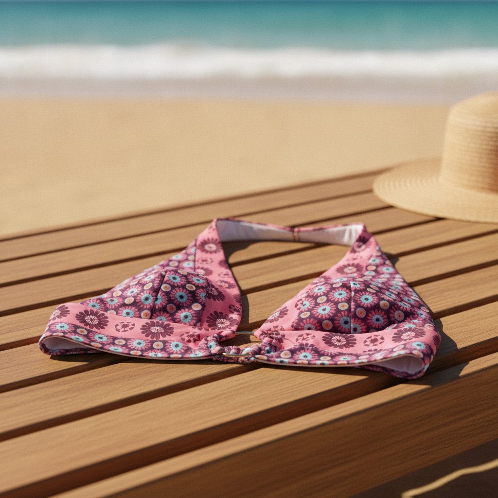 Kadın Plaj Giyim Gül Kurusu Çiçek Desenli Boyundan Geçmeli Bikini Üst BB2559