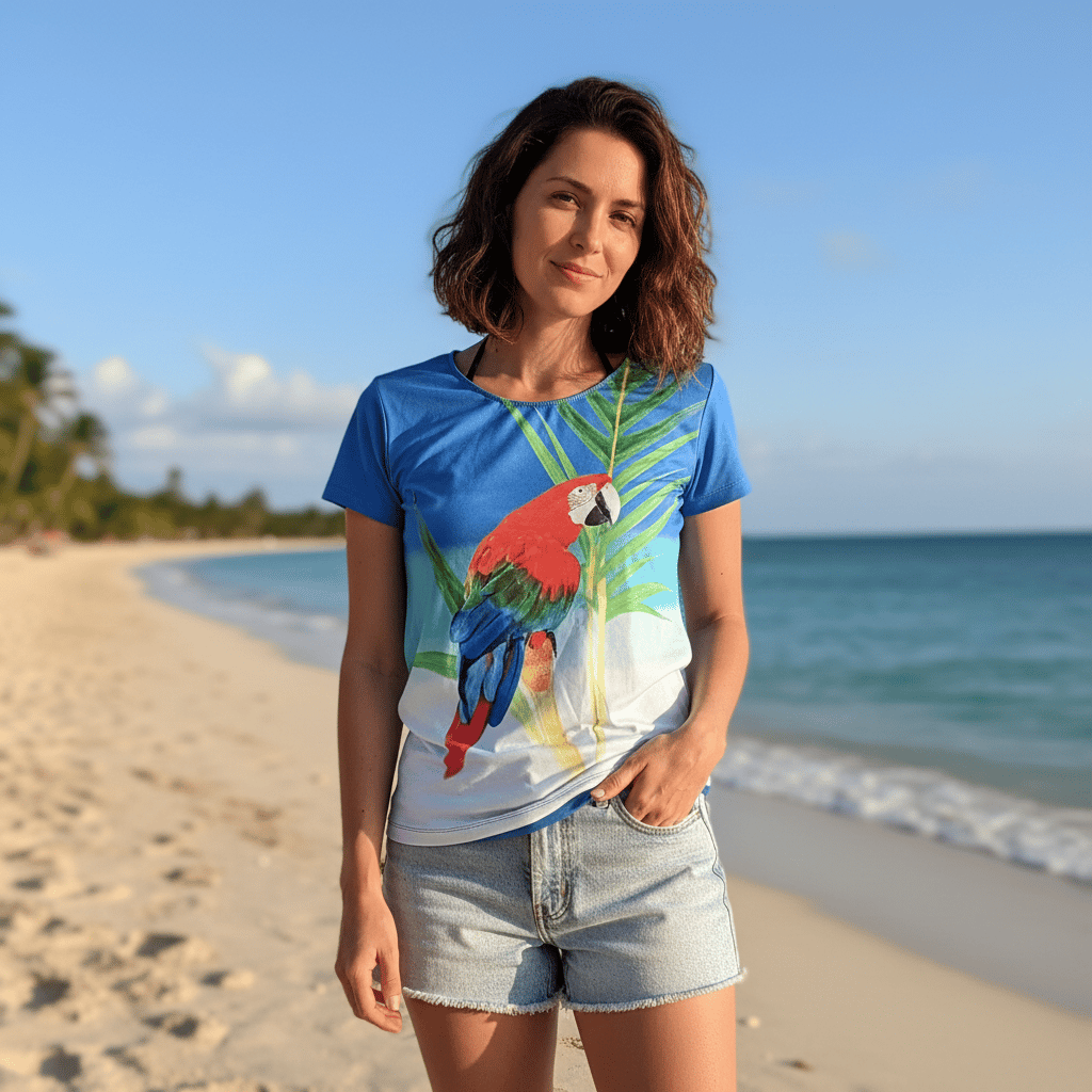 Kadın Plaj Giyim Mavi Renk Baskılı Kısa Kollu Tshirt BB2727