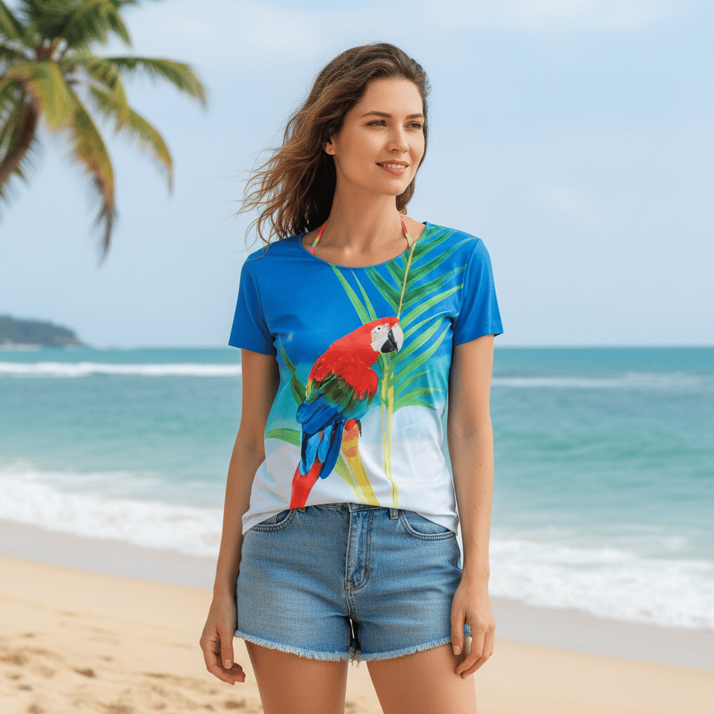 Kadın Plaj Giyim Mavi Renk Baskılı Kısa Kollu Tshirt BB2727