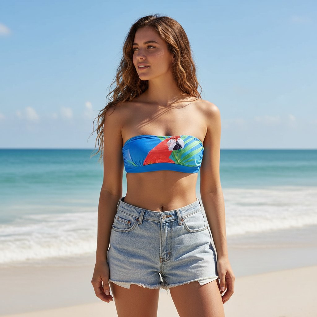 Kadın Plaj Giyim Mavi Renk Baskılı Straplez Bikini Üst BB2723