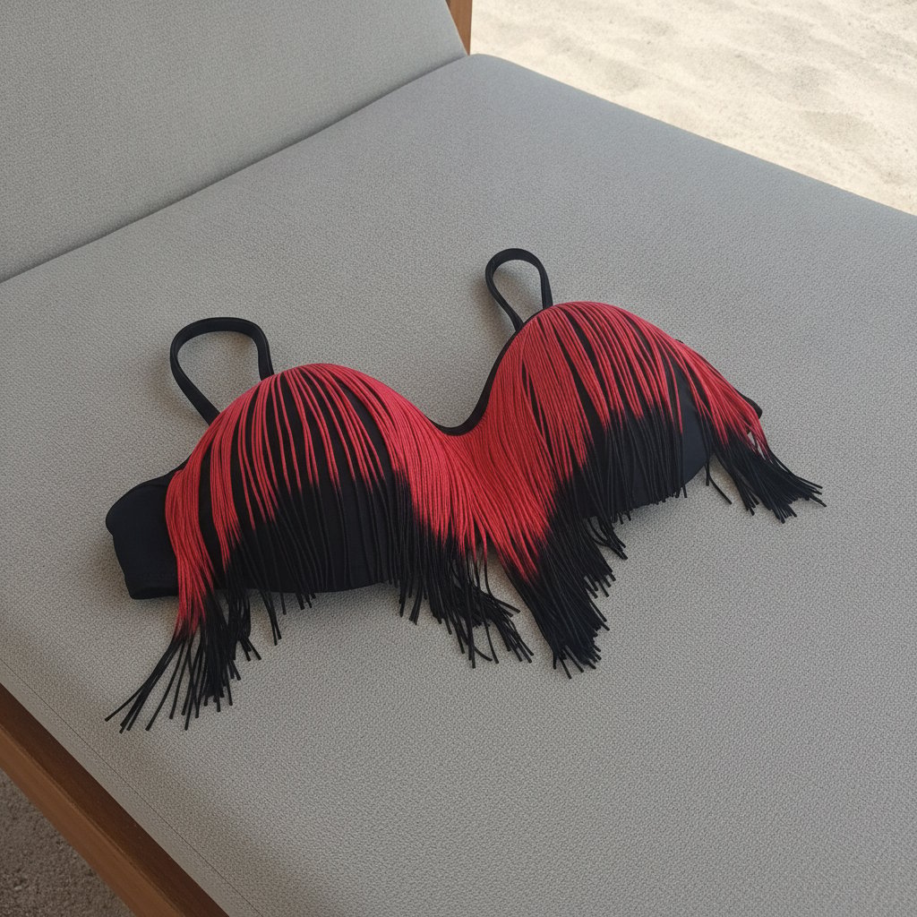 Kadın Plaj Giyim Siyah Renk Kırmızı Püsküllü Destekli Dolgulu Bikini Üst BB2543