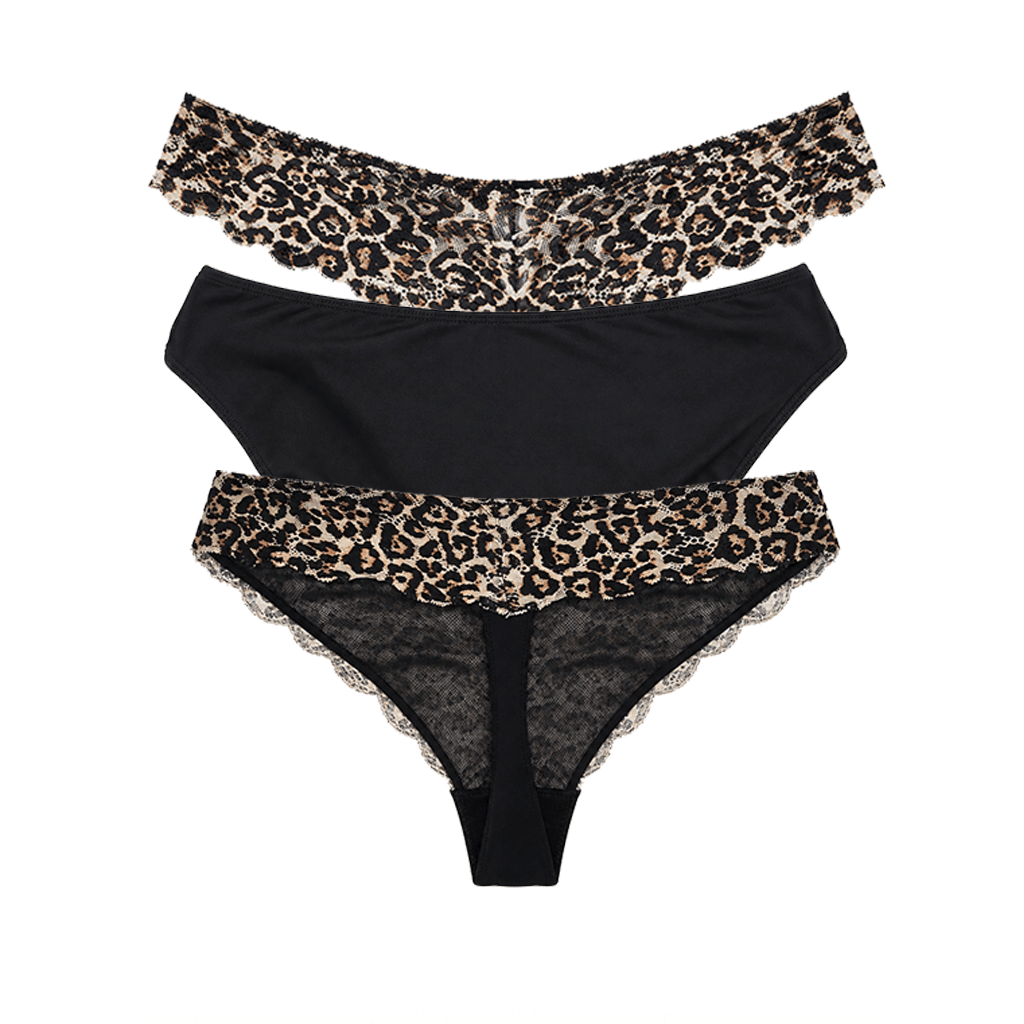 Kadın Tül Dantel Kumaş Leopar Desen 3'lü Paket Slip String set BB2850