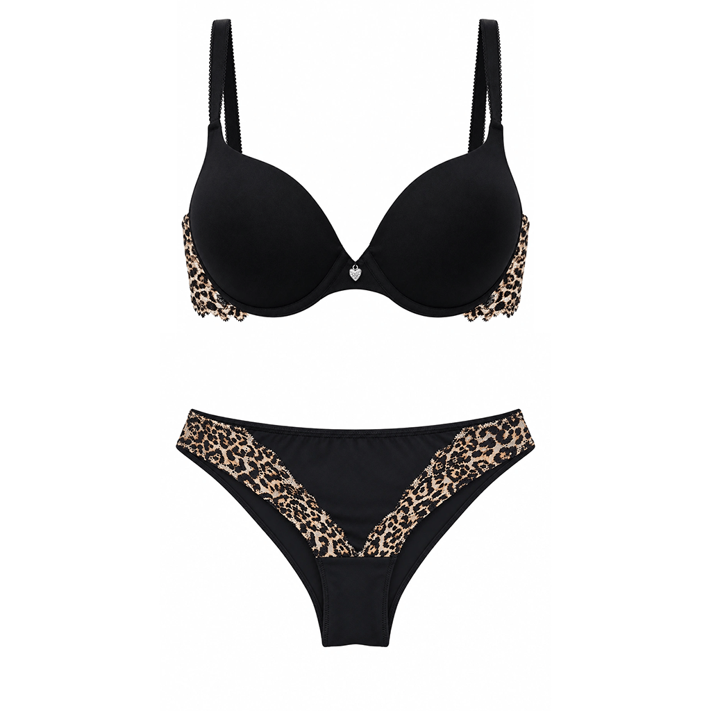 Kadın Tül Dantel Kumaş Siyah Leopar Desen Kaplı Desteksiz Transparan Sütyen ve Slip 2'li Takım Bedenler için Ayrı Ayrı Sepete Ekleyiniz BB2848