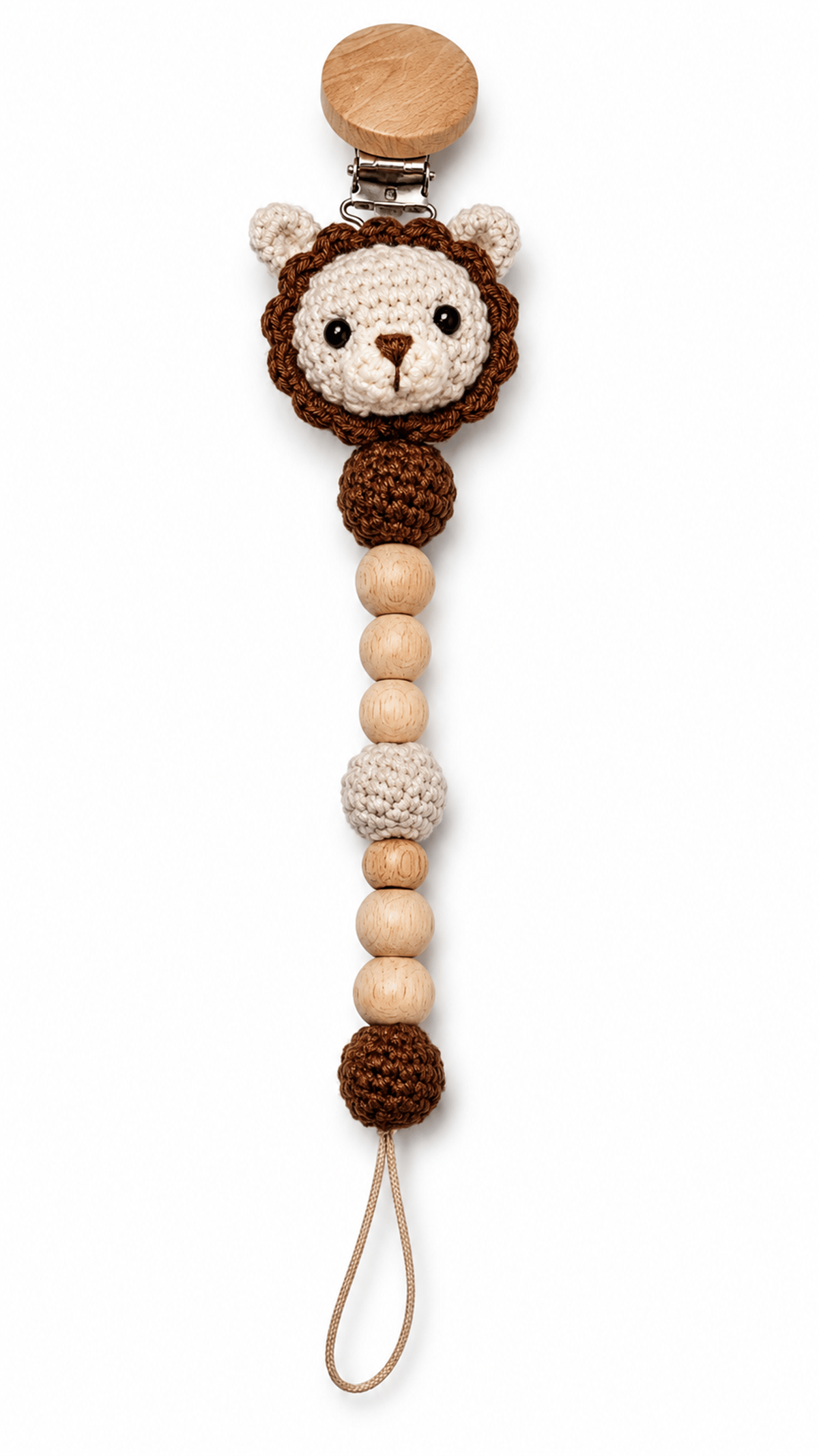 Yino Amigurumi Aslan Ahşap Emzik Askısı Bej