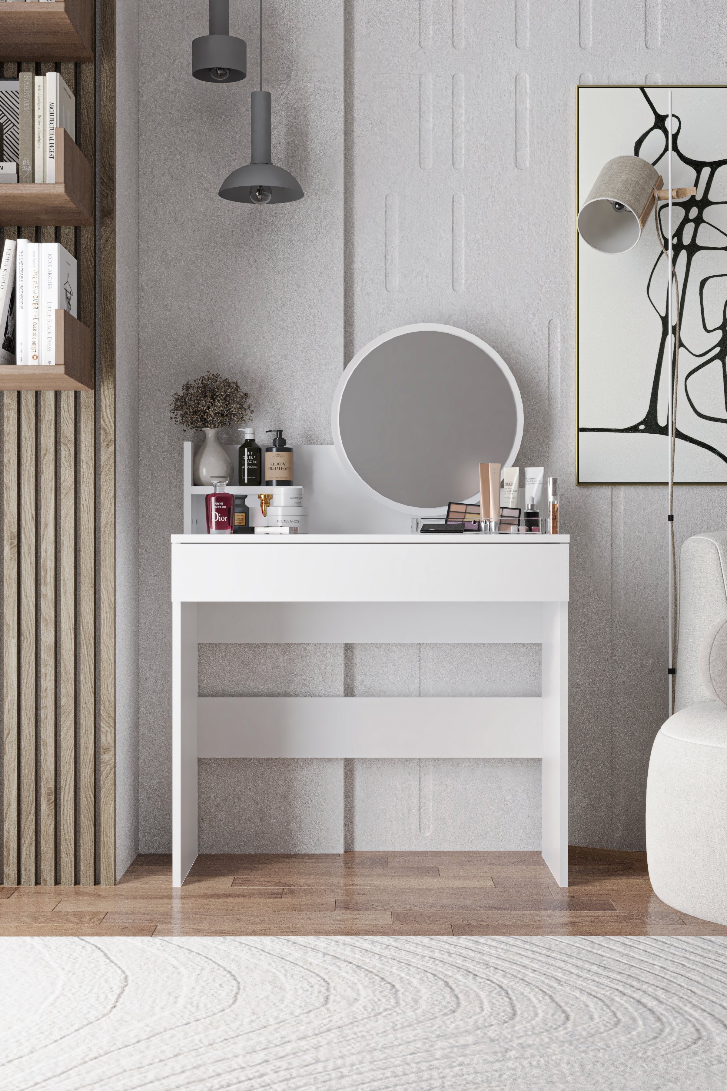 HARMONY MİNİ MAKYAJ MASASI BEYAZ YUVARLAK AYNA