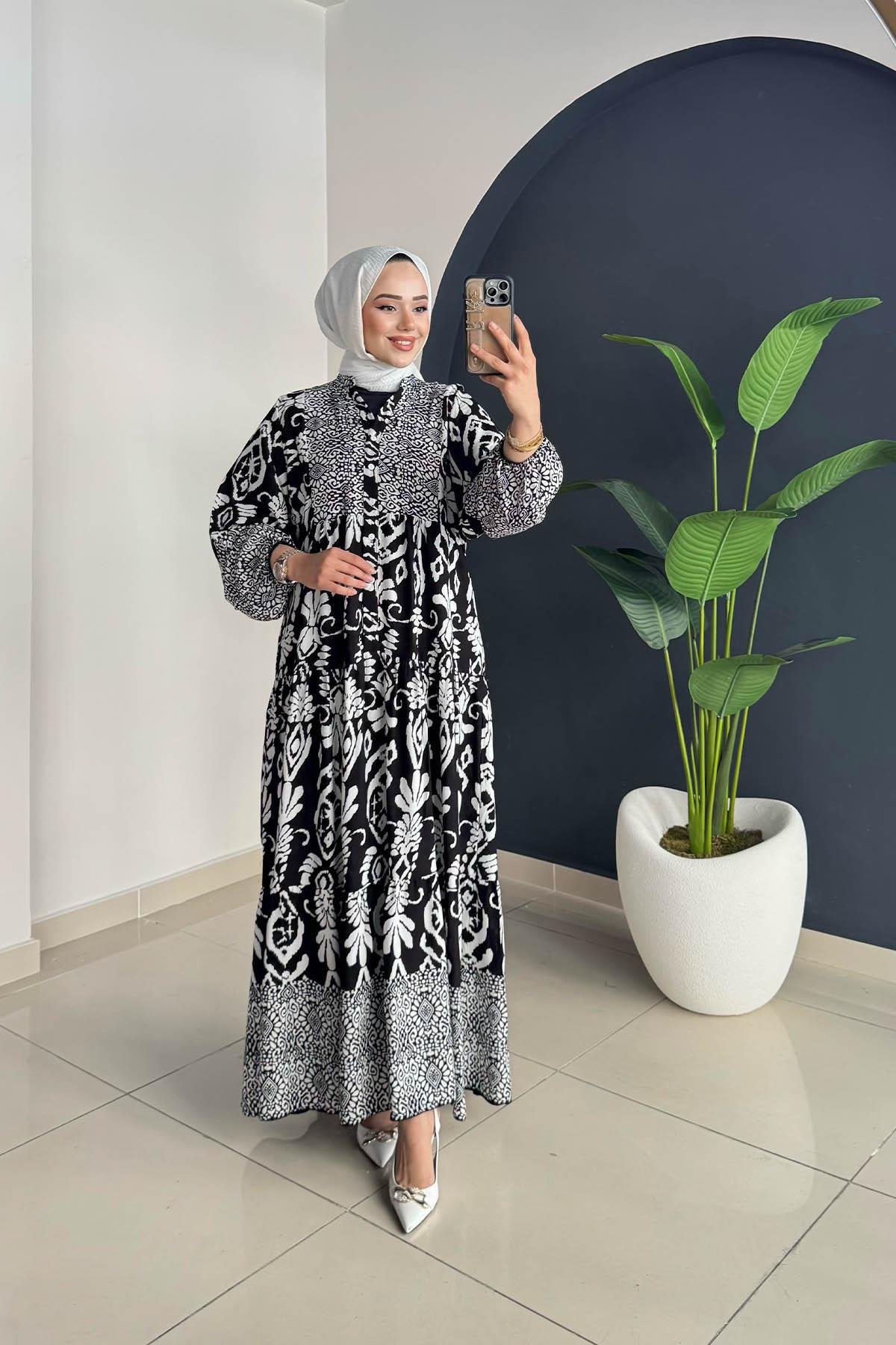 Desenli Elbise | Siyah