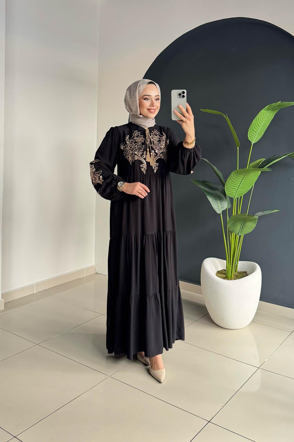 Nakışlı Elbise | Siyah