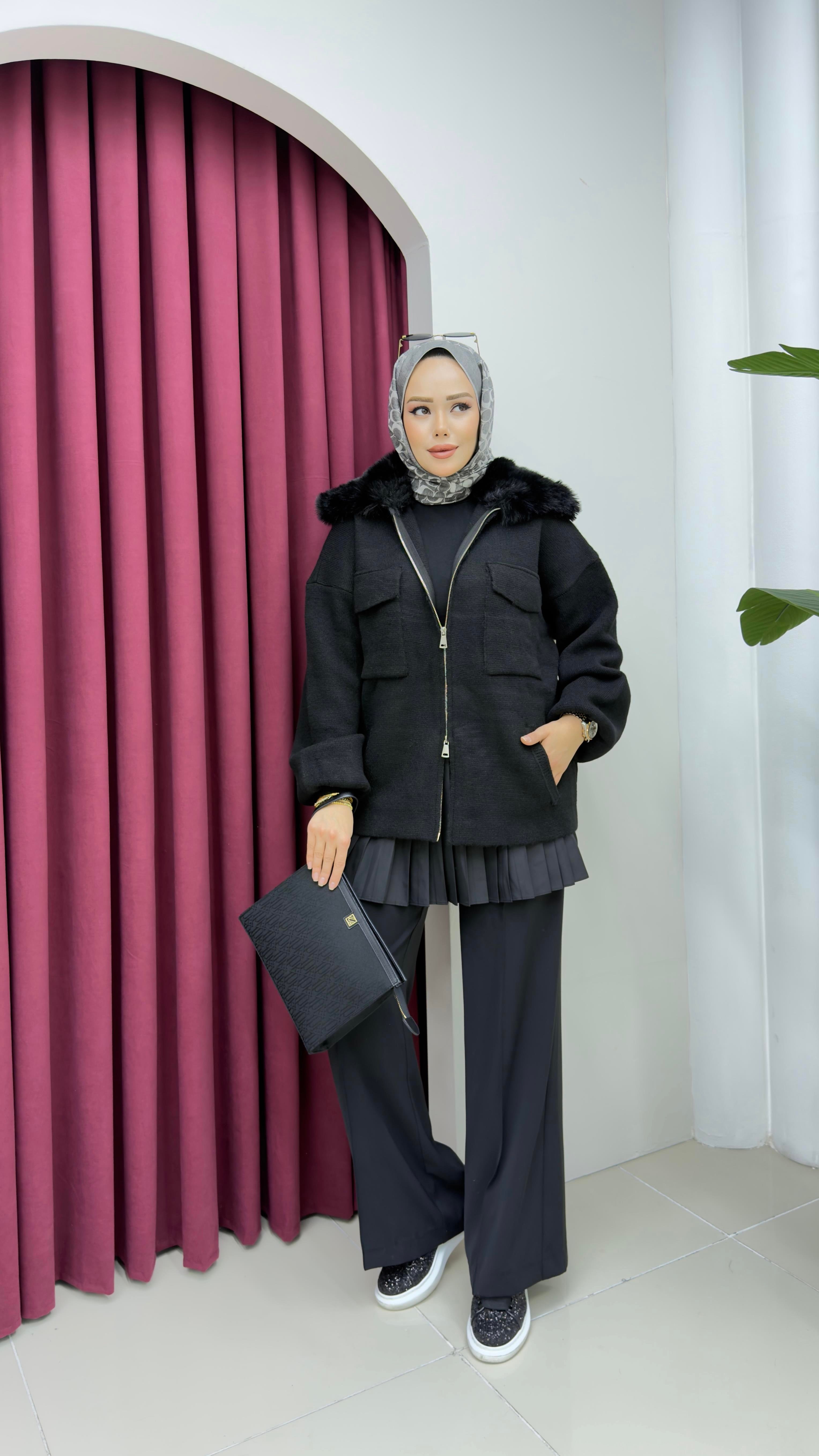 Peluş Yakalı Triko Ceket | Siyah