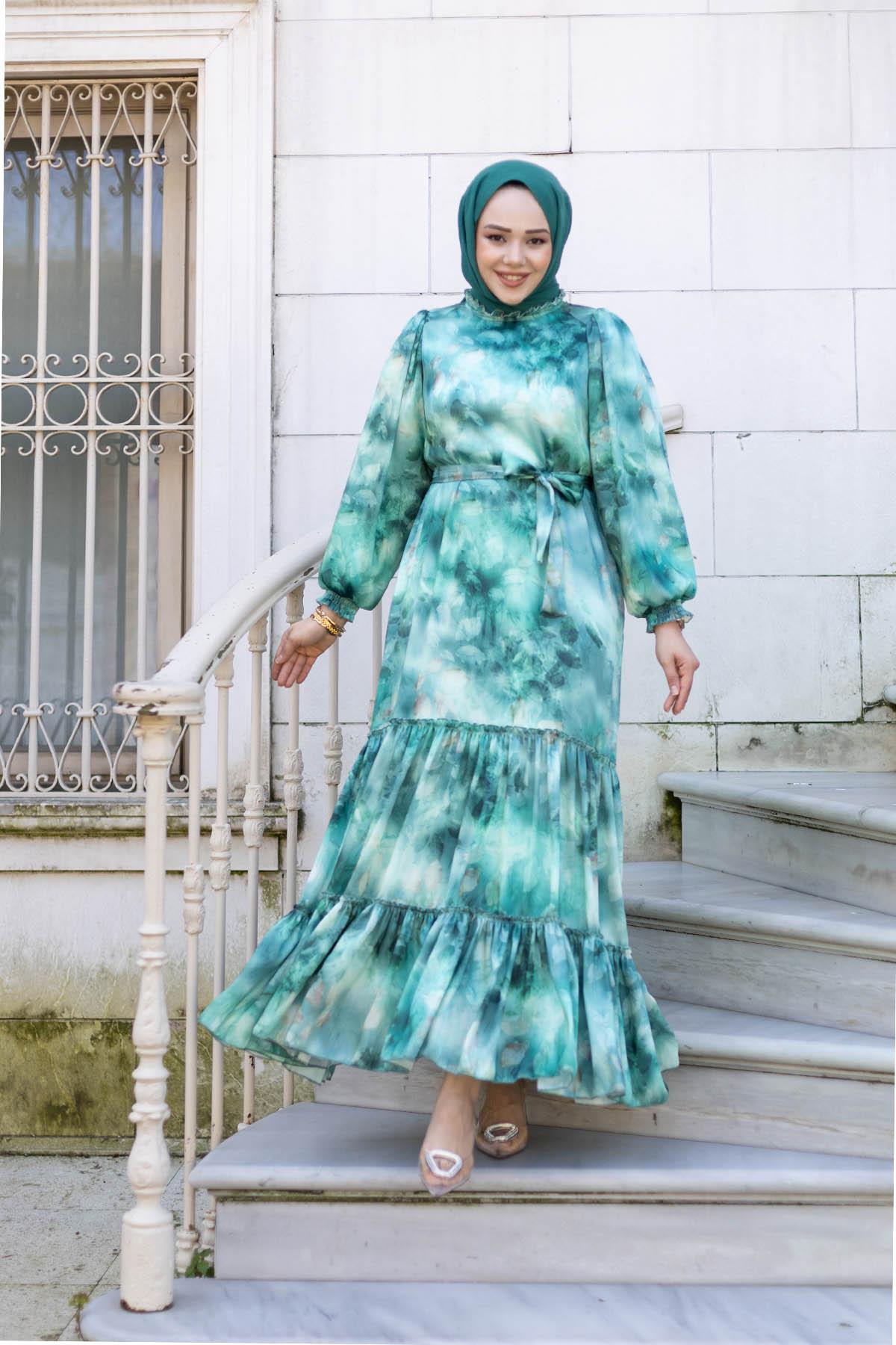 Şifon Desenli Elbise | Yeşil