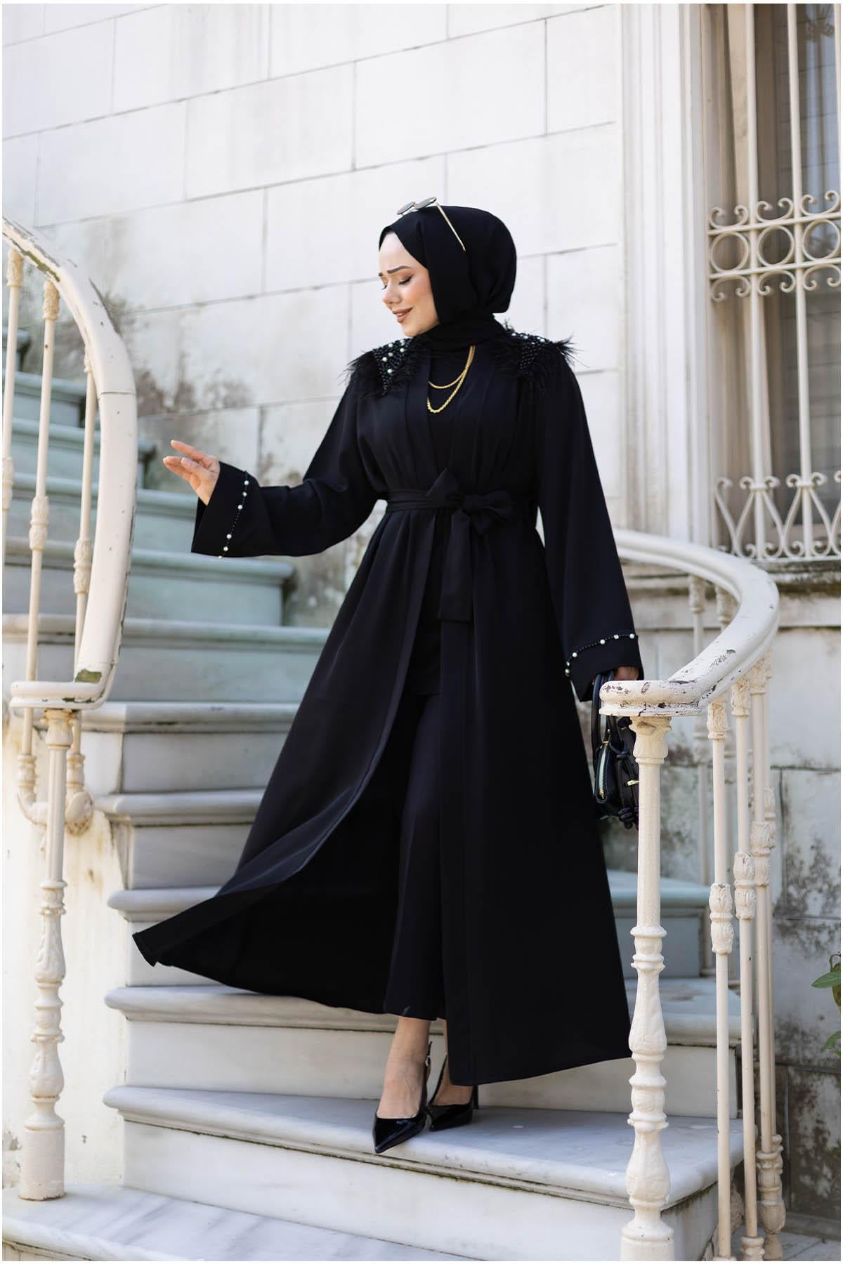 Tüylü Krep Abaya | Siyah