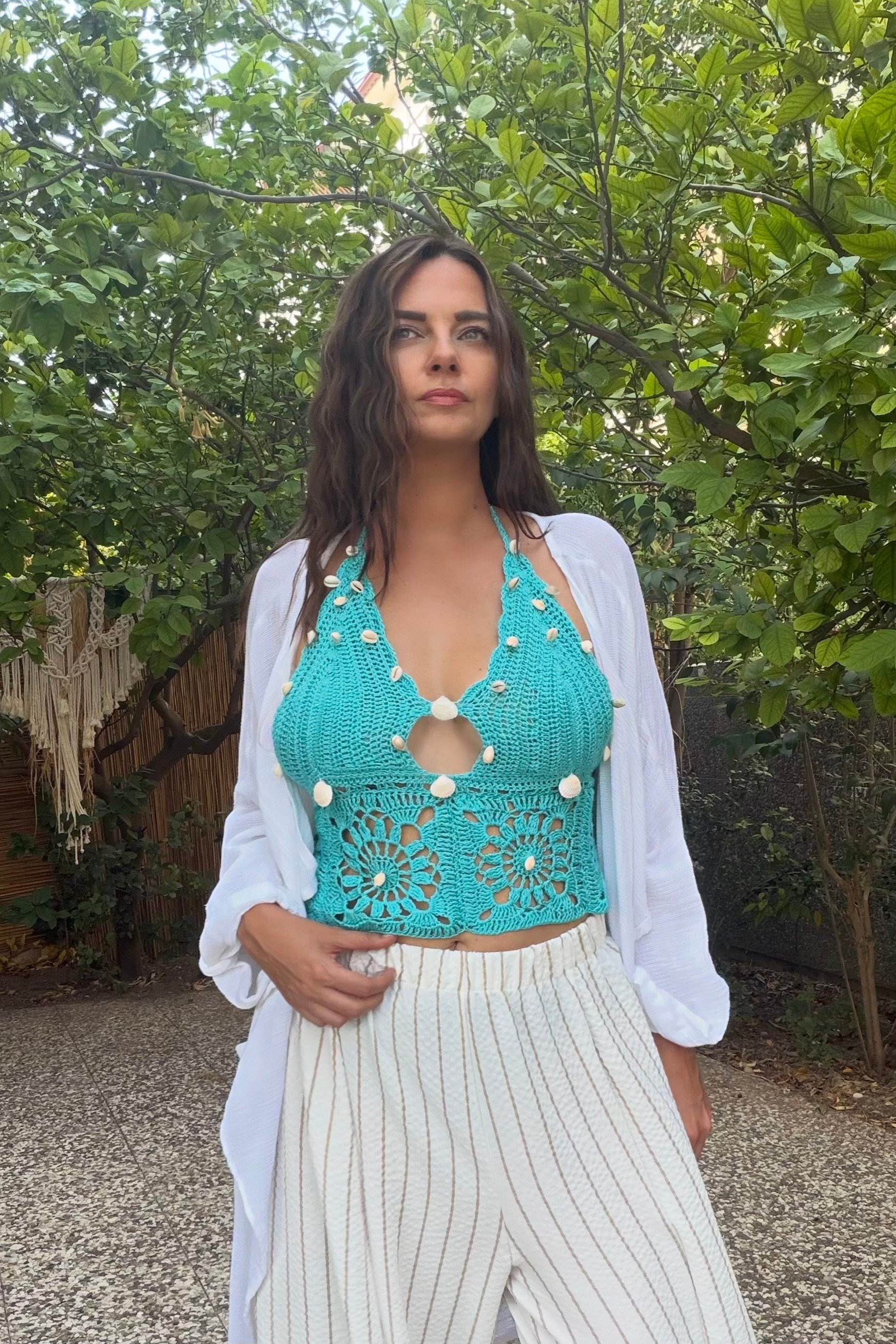 . - Deniz Kabuğu  Hand Made Crop Bluz - Turkuaz