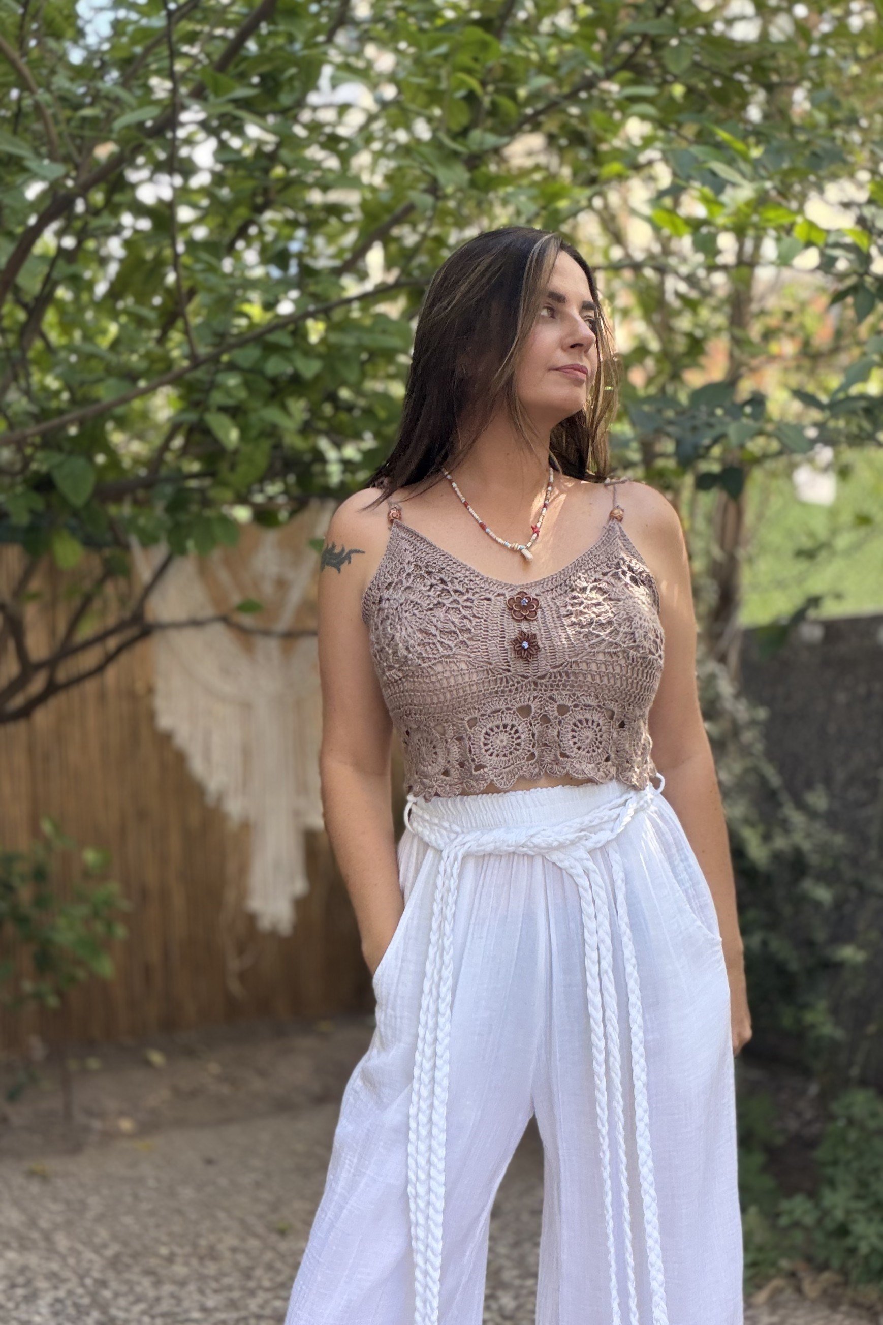 . - Düğme Detaylı Crop Bluz -Sütlü Kahve