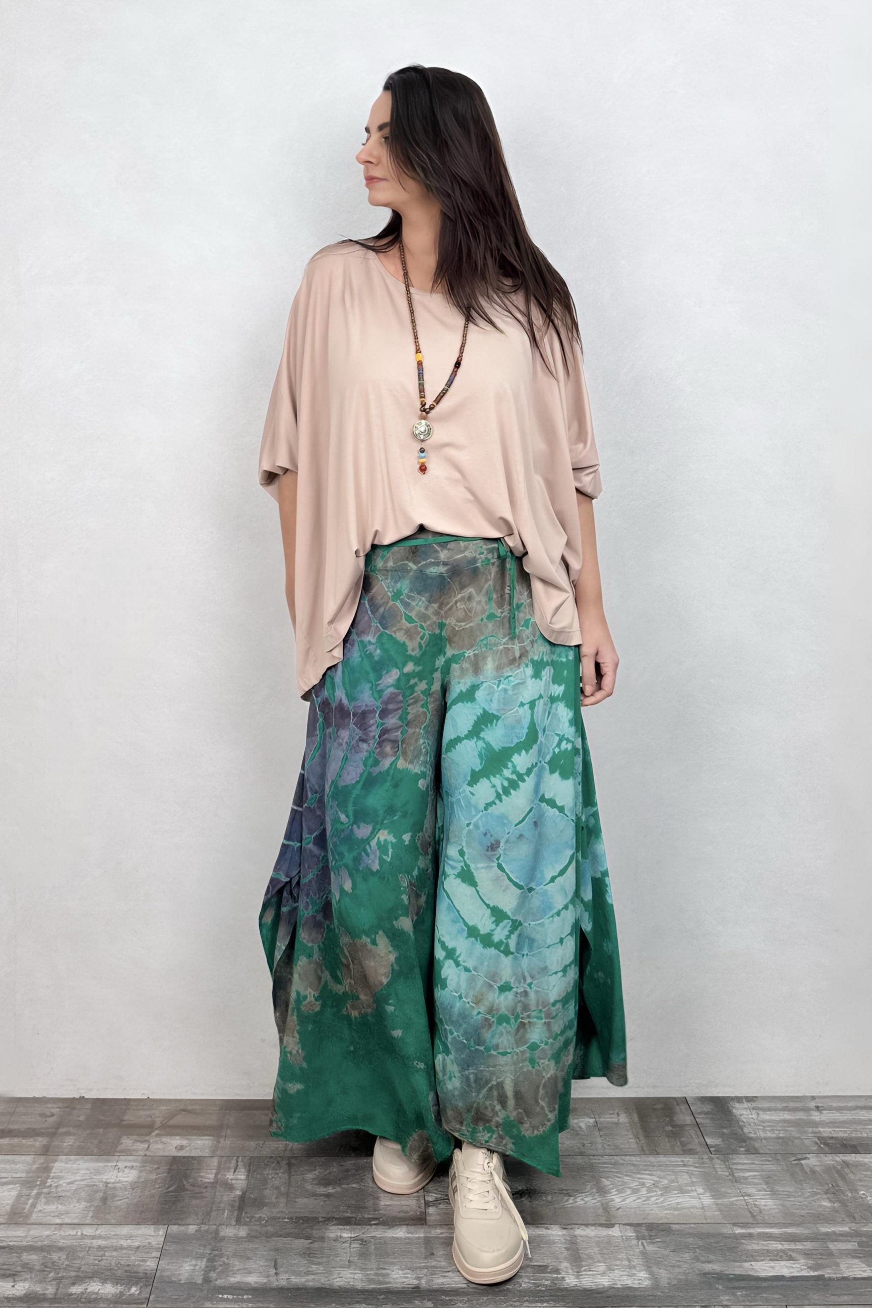. - Yırtmaçlı Batik Pantolon - Yeşil