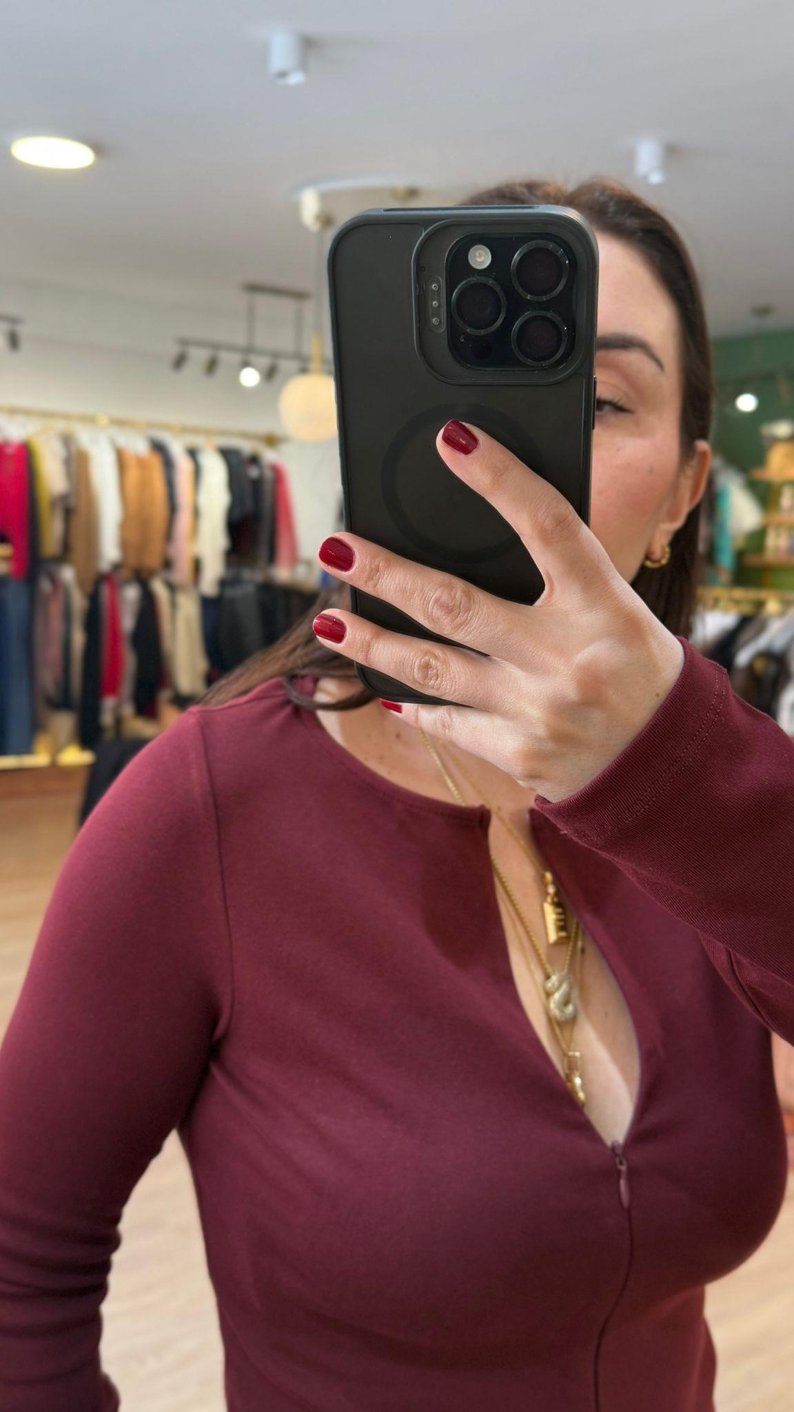 Fermuar Detaylı Uzun Kollu Body Bordo · 2