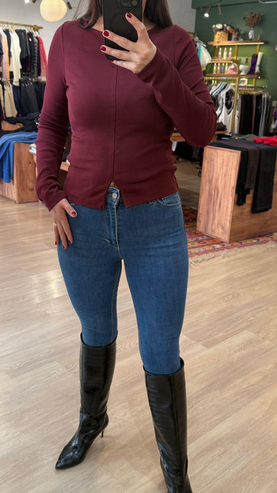 Fermuar Detaylı Uzun Kollu Body Bordo · 4