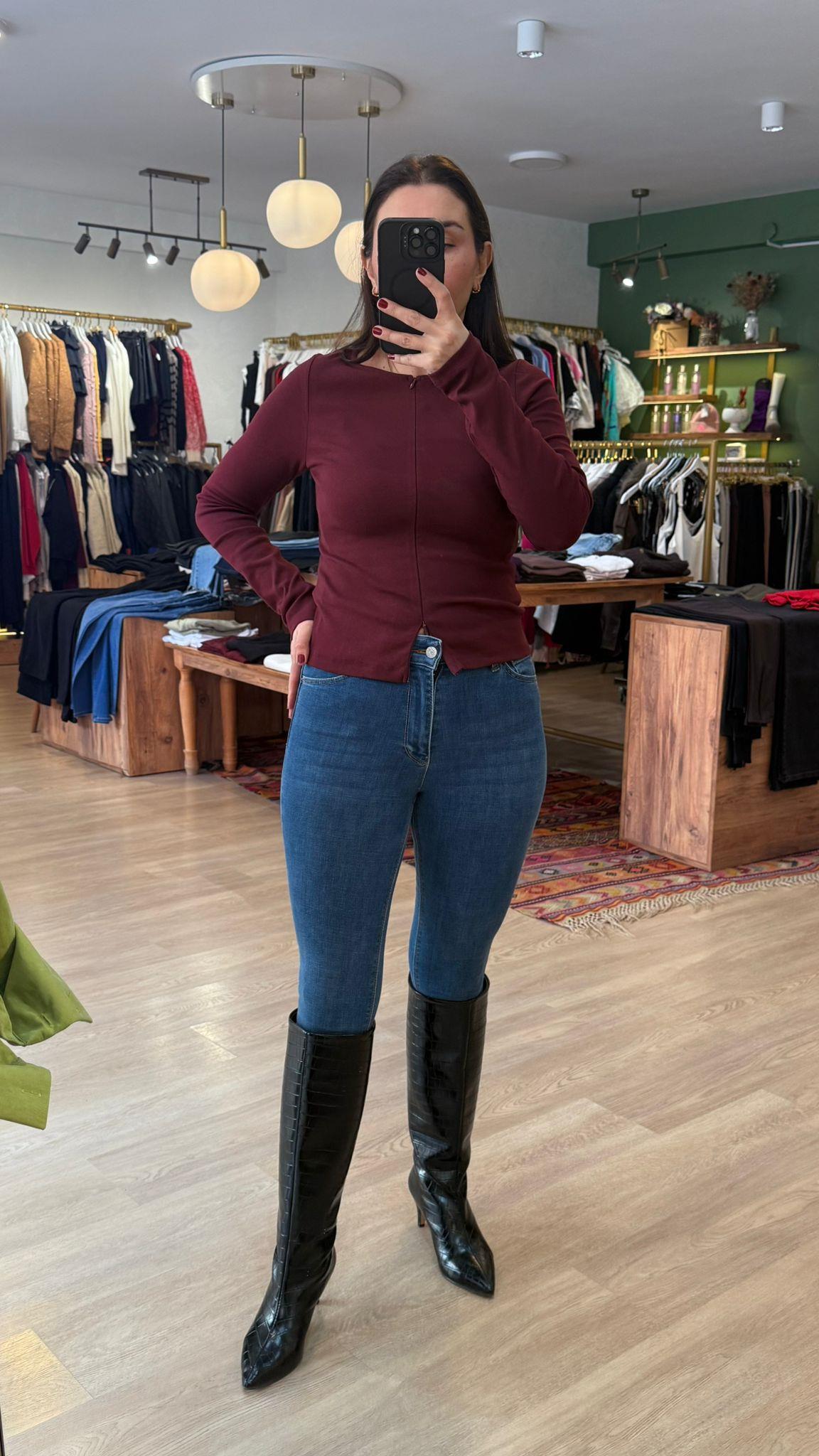 Fermuar Detaylı Uzun Kollu Body Bordo · 5