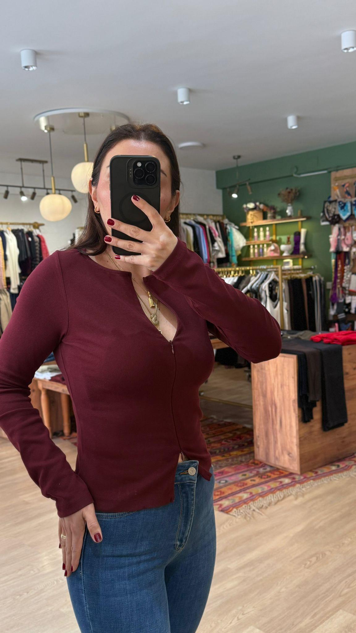Fermuar Detaylı Uzun Kollu Body Bordo · 7