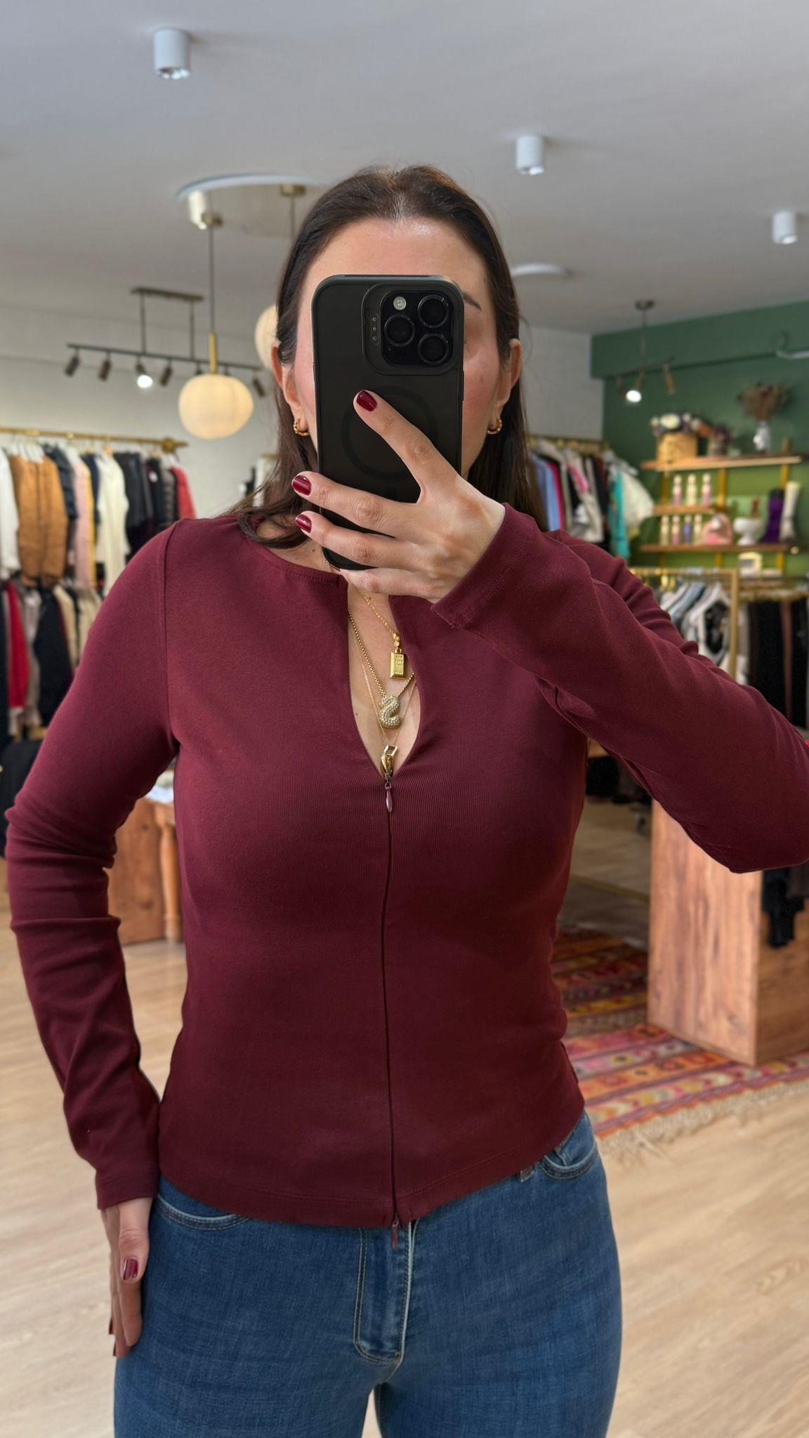Fermuar Detaylı Uzun Kollu Body Bordo · 3