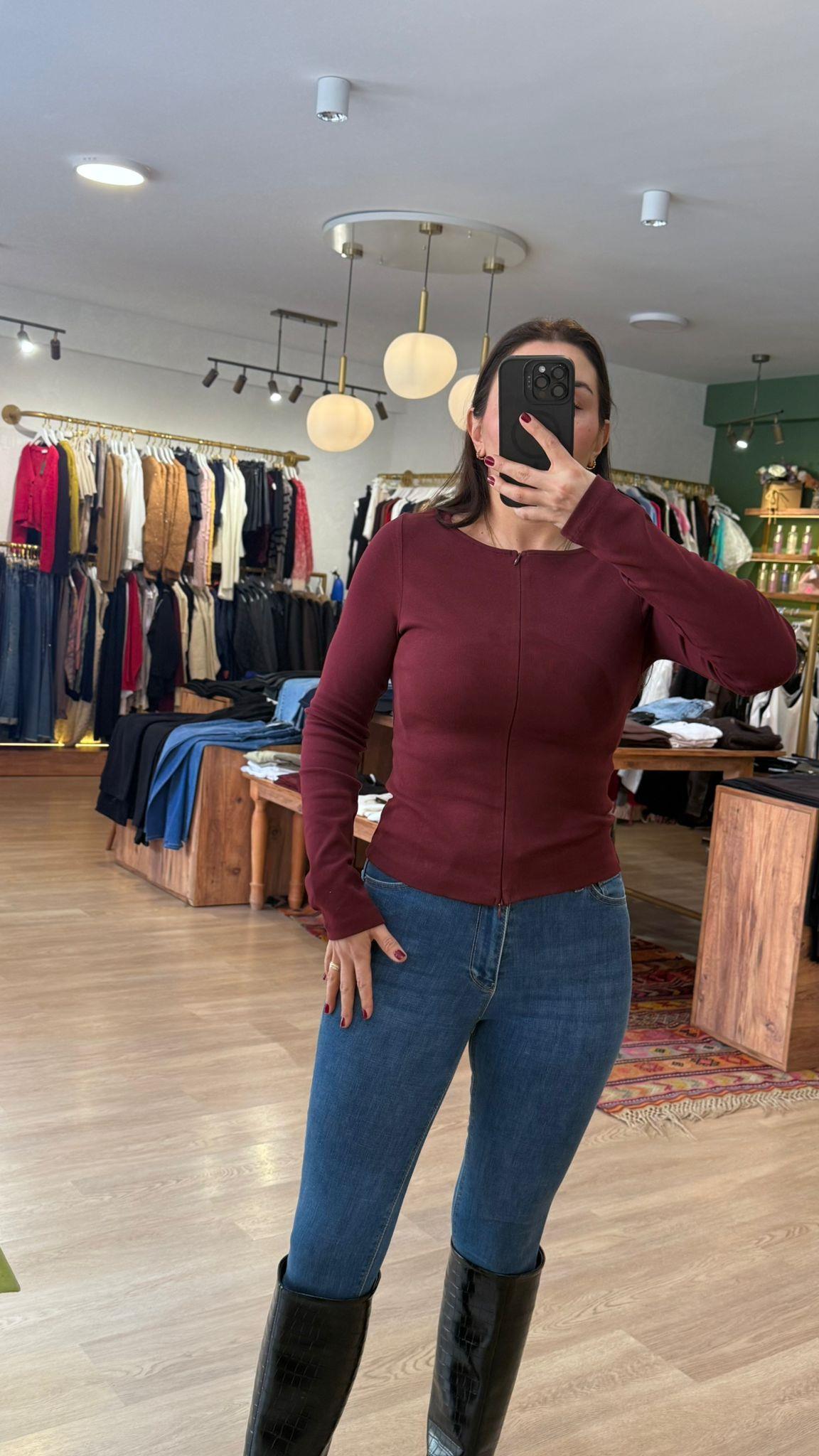 Fermuar Detaylı Uzun Kollu Body Bordo · 6