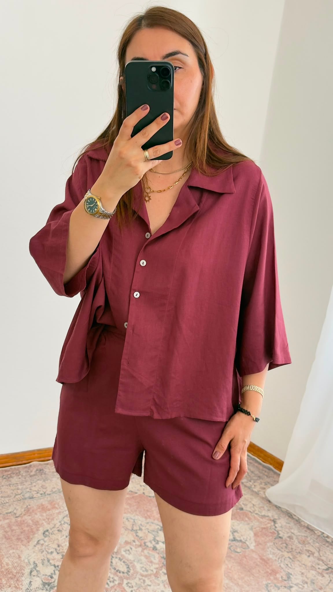 Oversize Keten Gömlek – Bordo