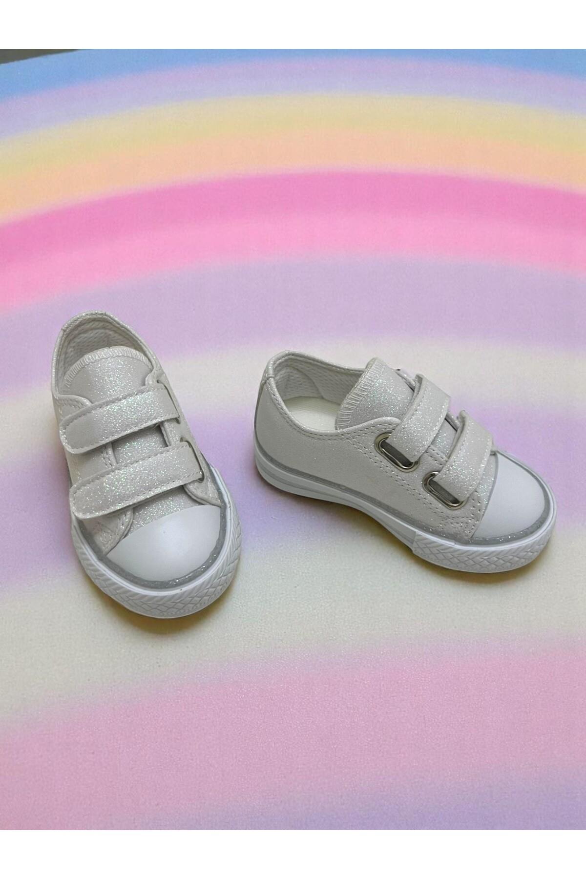 Beyaz Simli Çocuk Converse, Cırtlı Ortopedik Taban Işıklı Kız Çocuk Spor Ayakkabısı