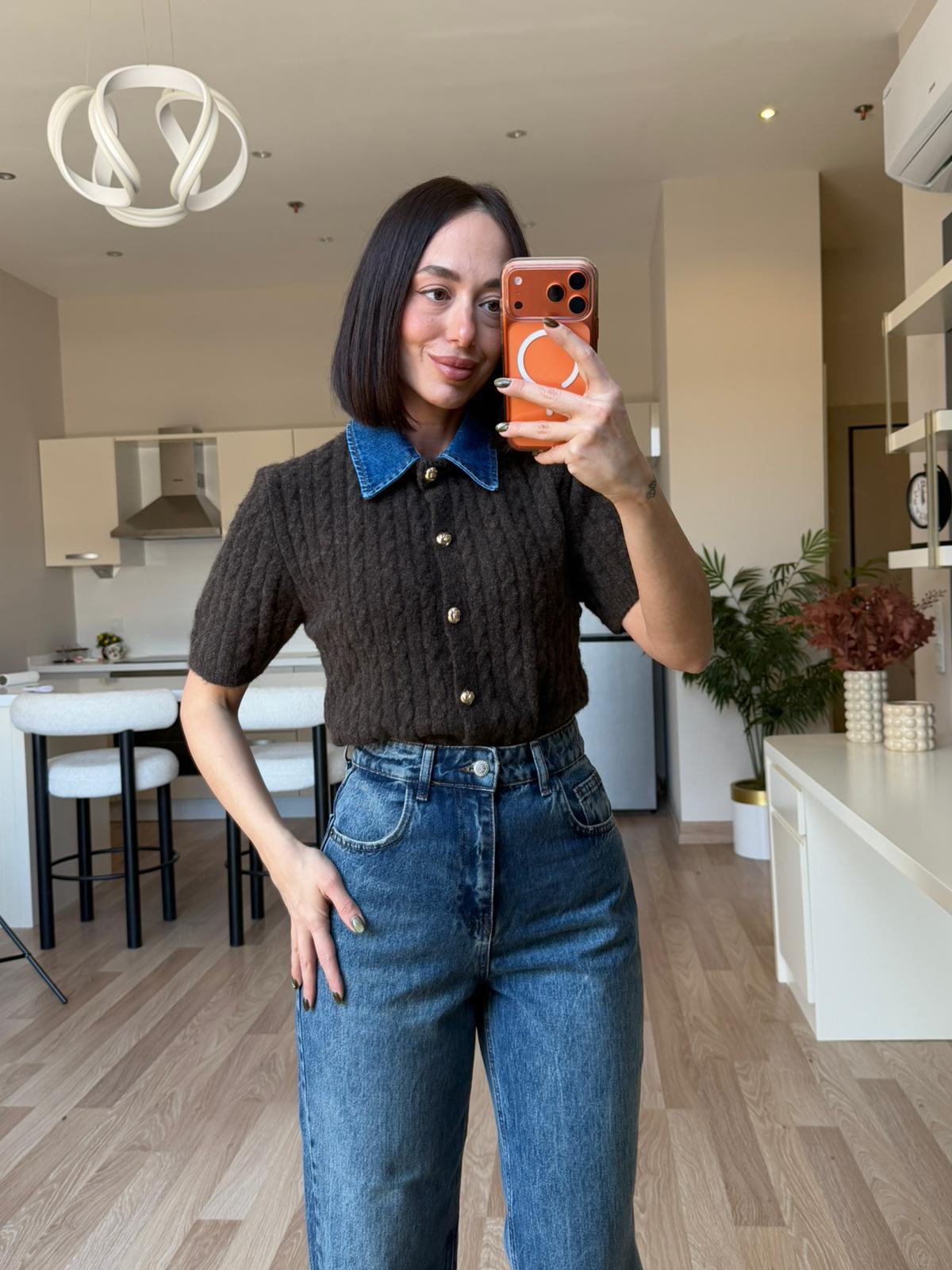 Acı Kahve Denim Yaka Kısa Kollu Kazak