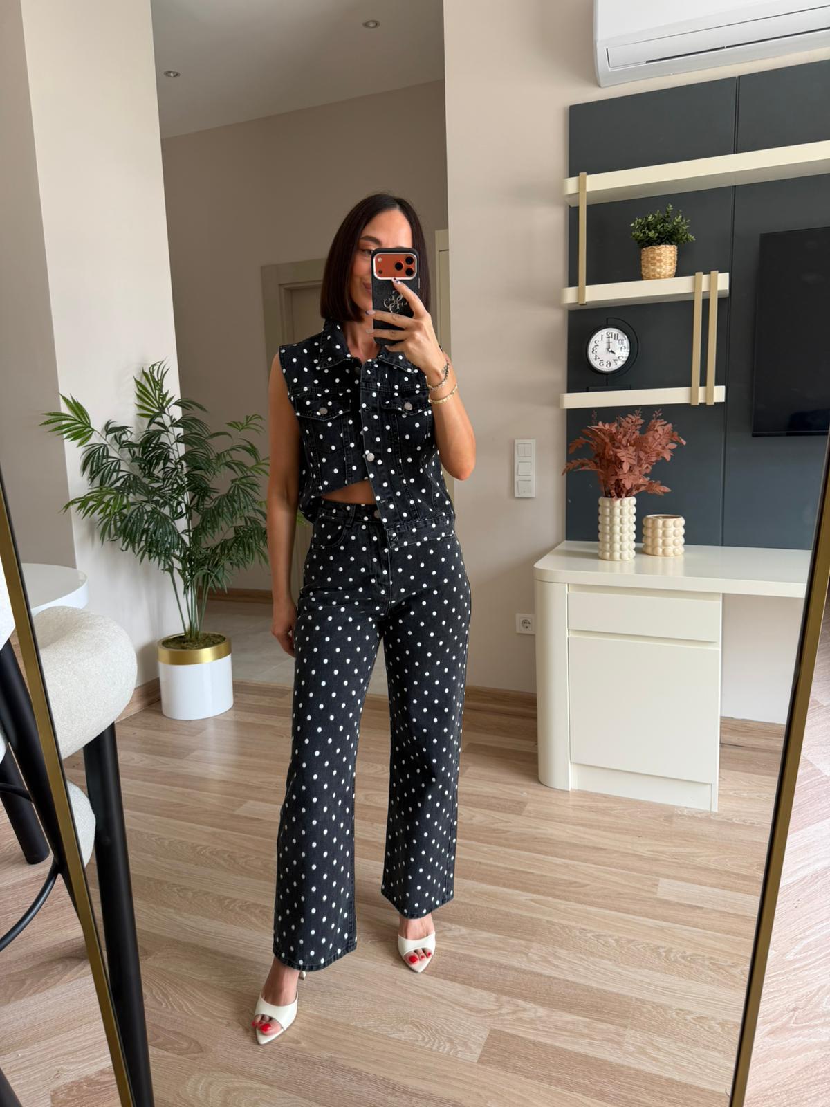 Antrasit Puantiye Desenli Denim Takım