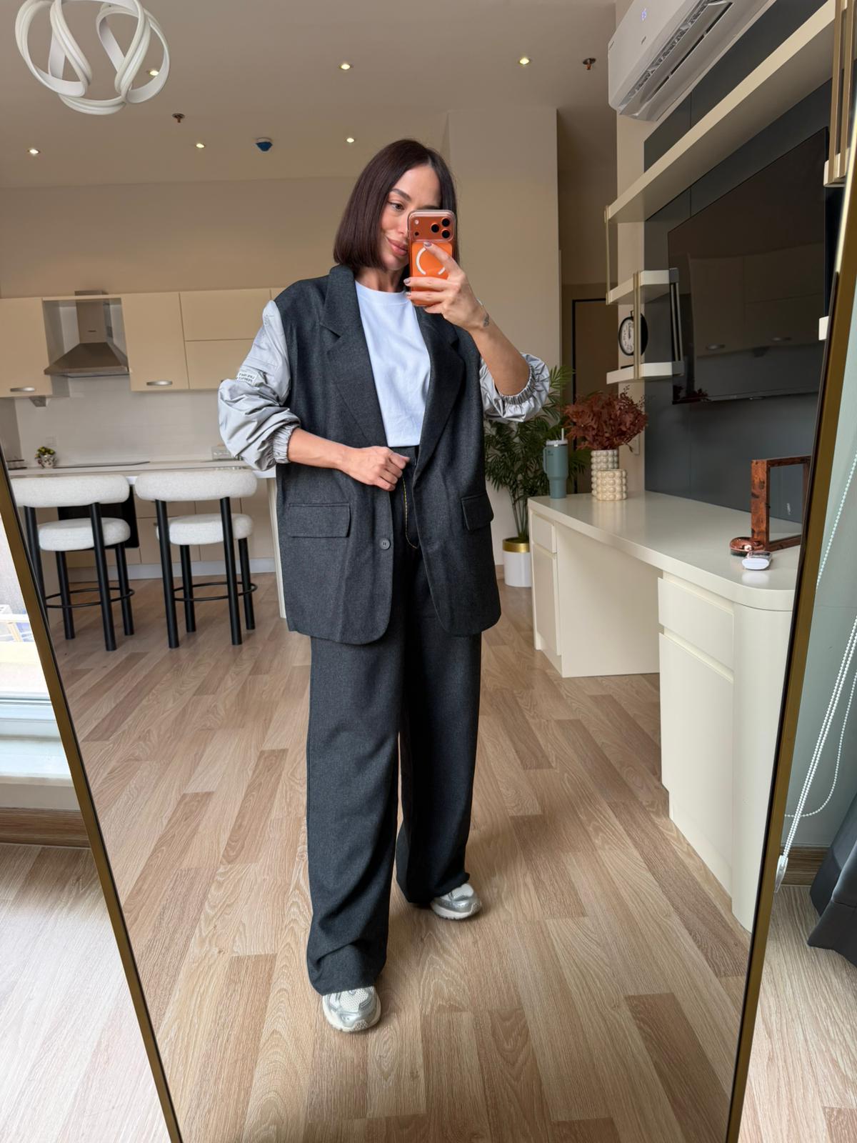 Antrasit Tasarım Blazer - Palazzo Takım