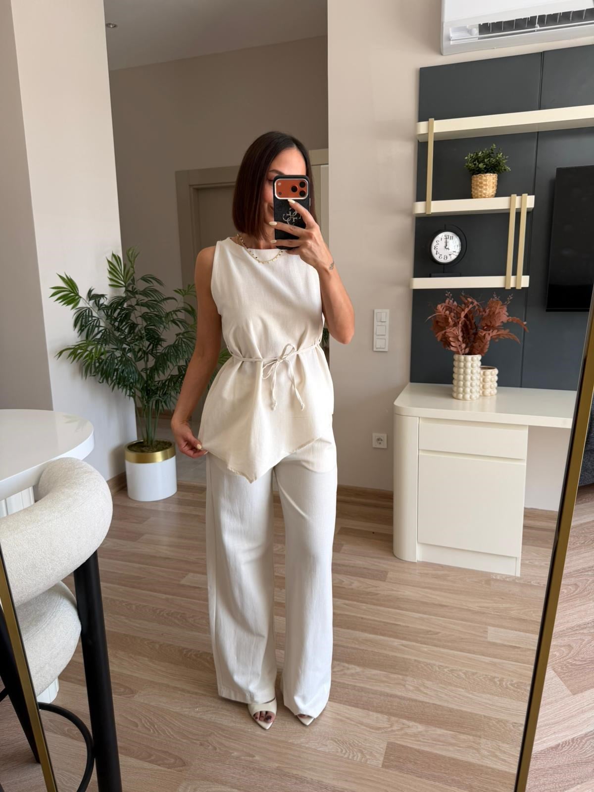 Bej Keten Asimetrik Kesim Bluz Pantolon Takım