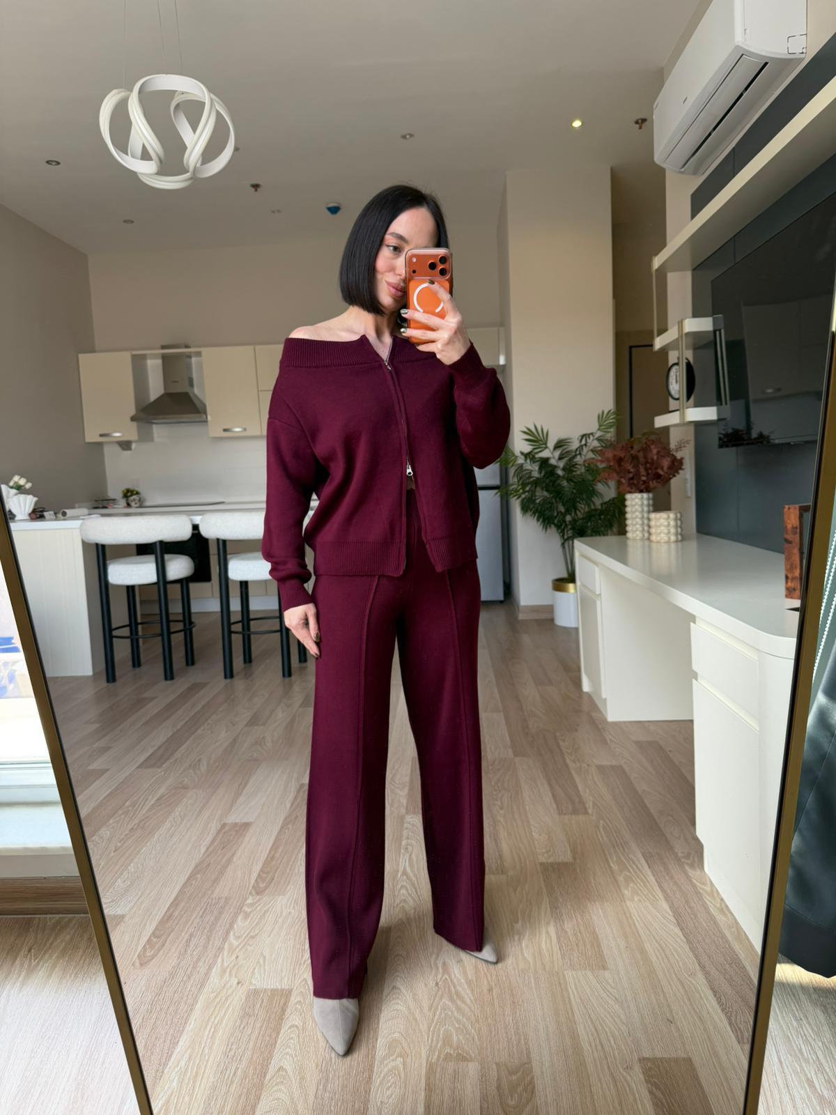 Bordo Çift Fermuarlı Triko Takım
