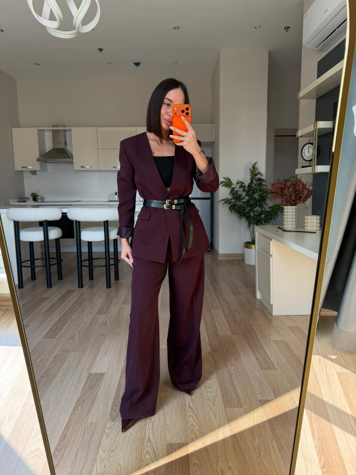 Bordo Çift Kemerli Blazer Takım