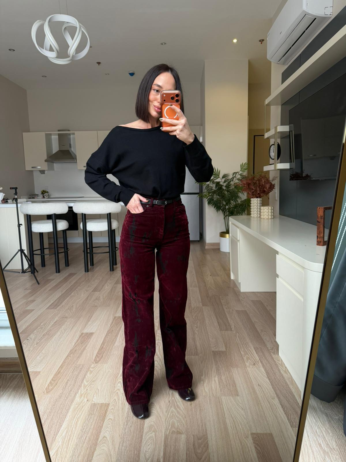 Bordo Flok Baskılı Kemerli Jean