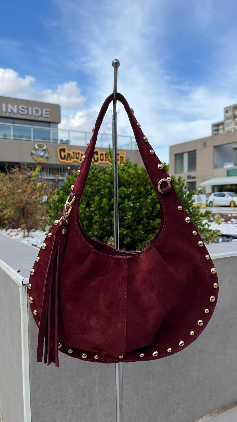 Bordo Zımba Detaylı Hakiki Süet Çanta