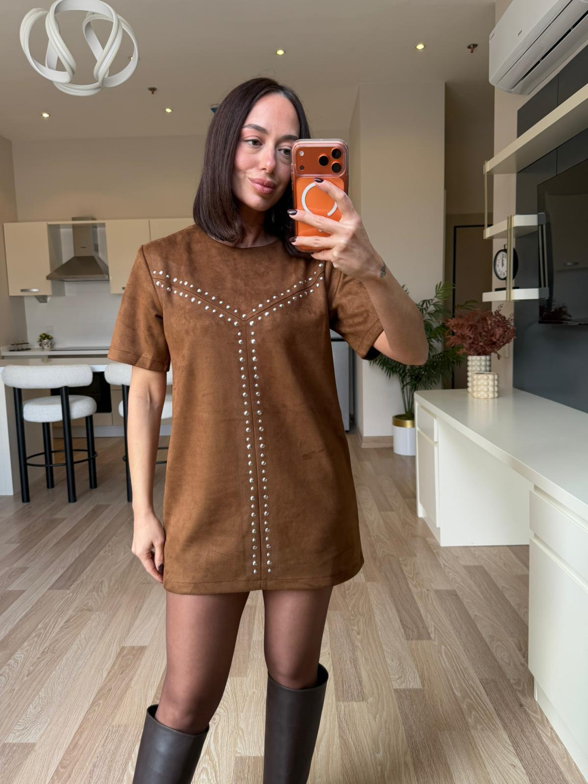 Camel Zımba Detaylı Süet Elbise