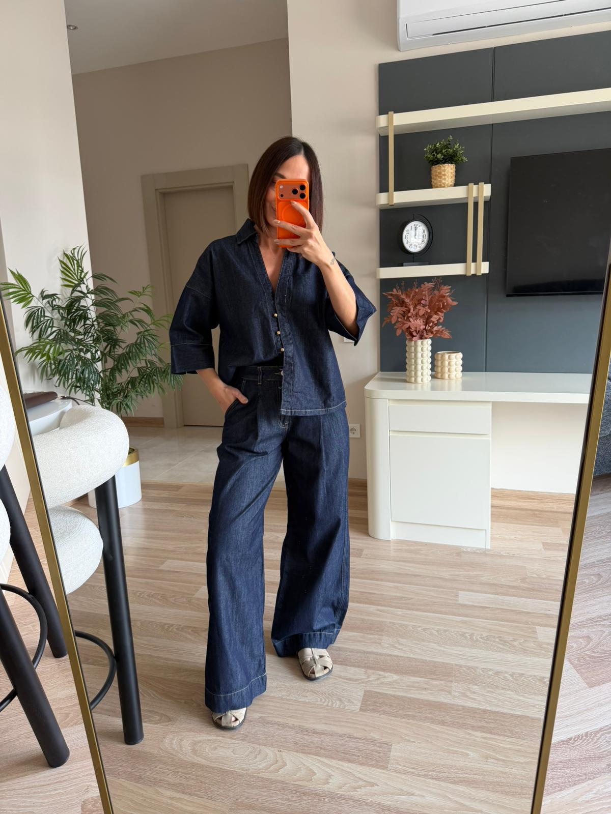 Denim Kısa Kollu Gömlek Pantolon Takım