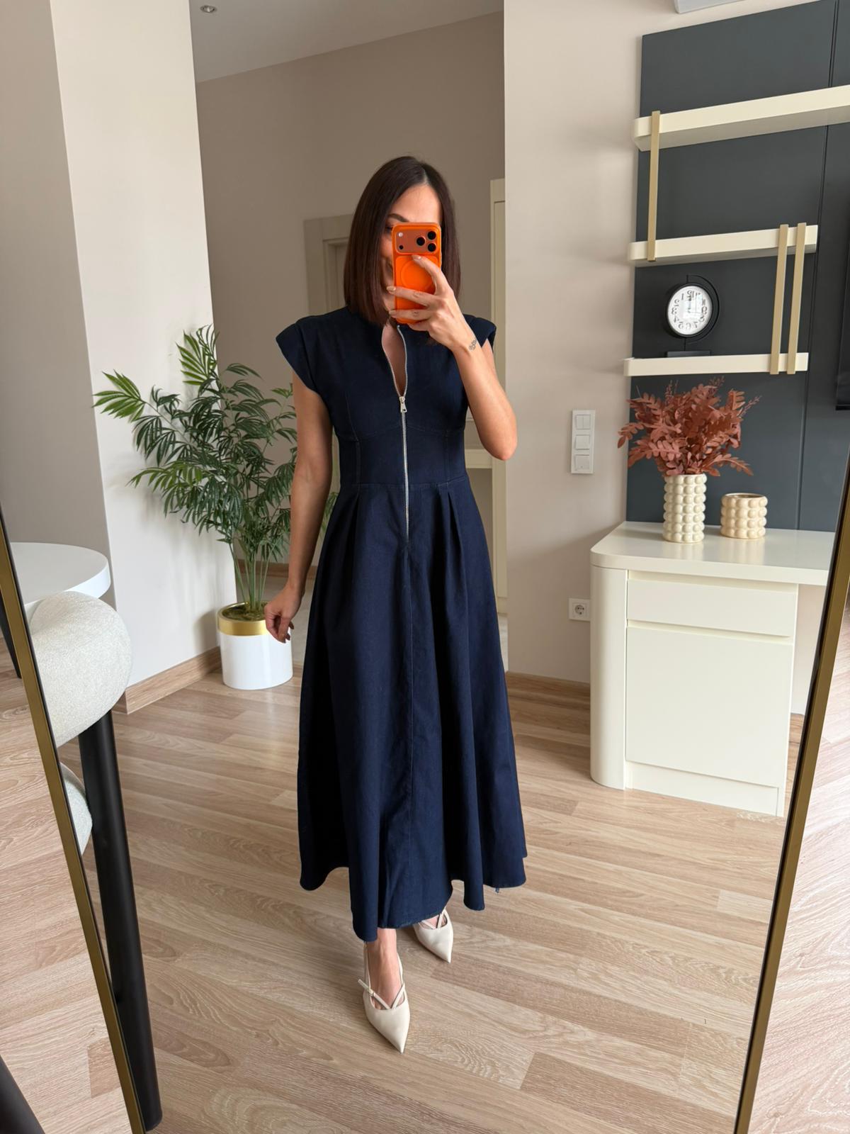 Fermuar Detaylı Denim Midi Elbise