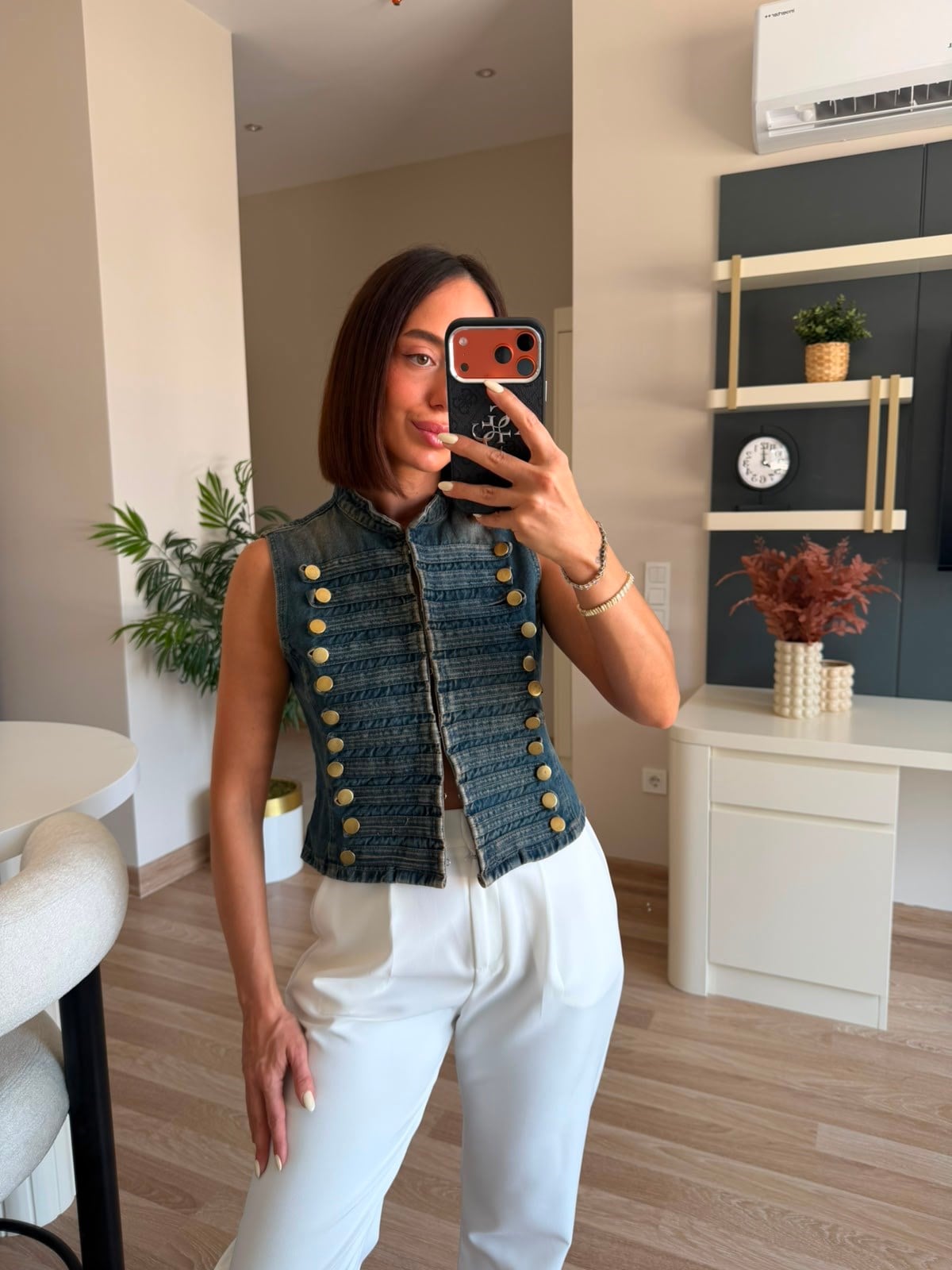 Gold Çelik Düğmeli Denim Yelek